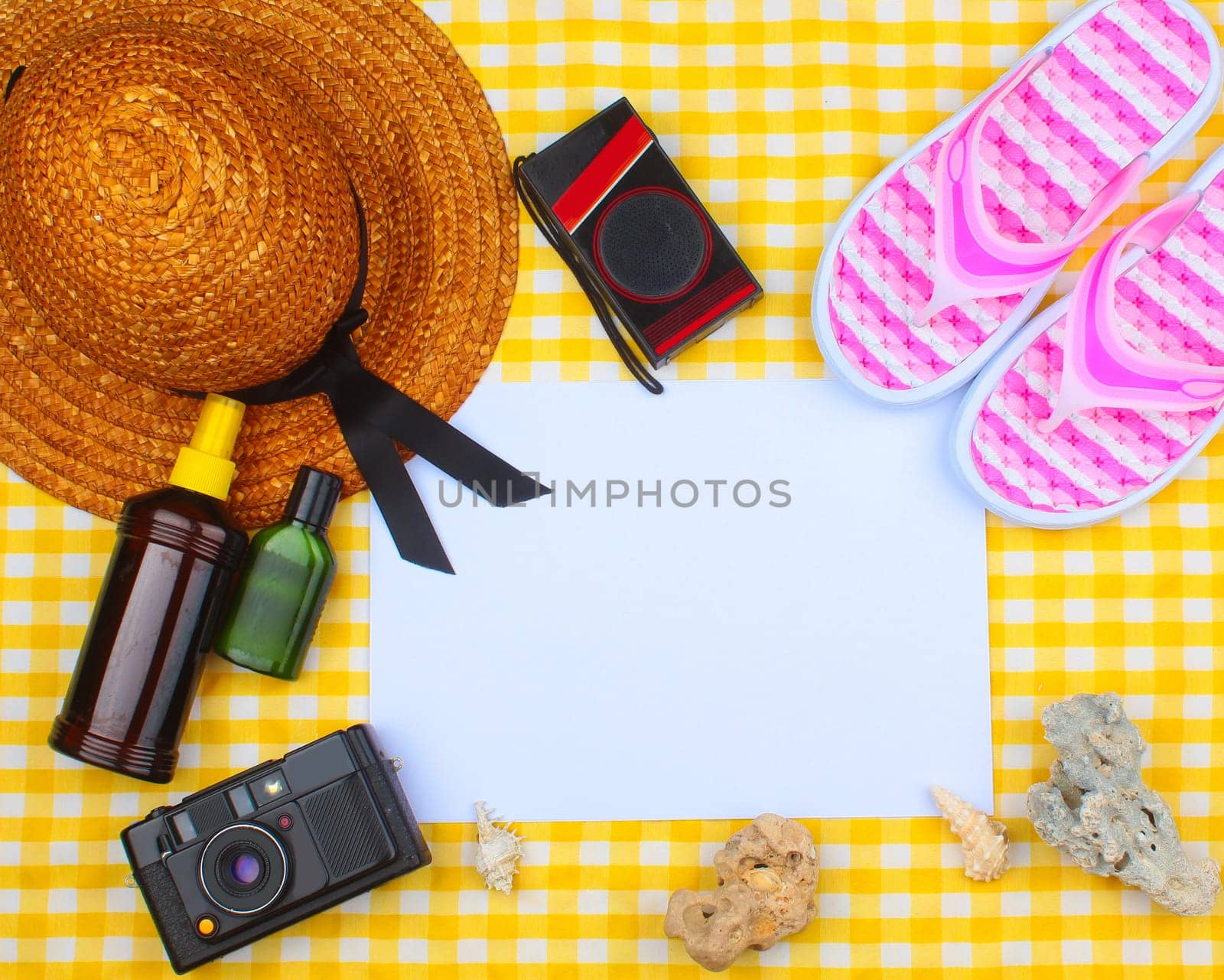 Beach Time Summer Travel Kit featuring sleepers, bikini, radio, sun lotion, lotion, hat & camera