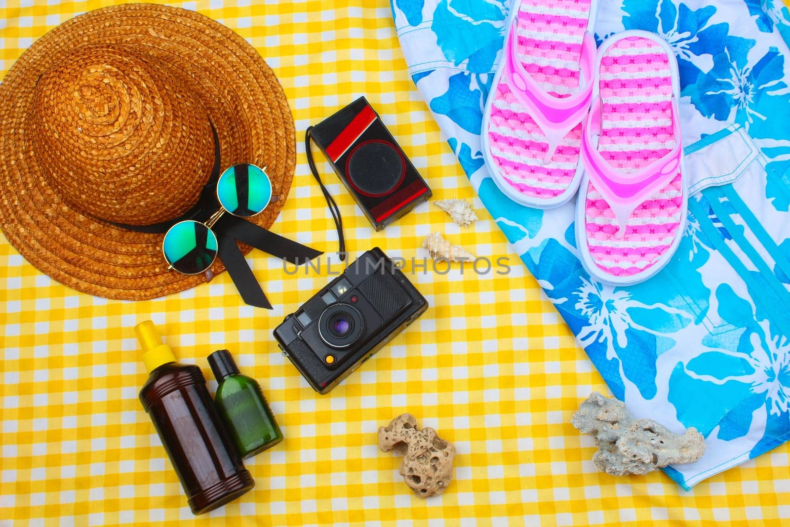 Beach Time Summer Travel Kit featuring sleepers, bikini, radio, sun lotion, lotion, hat & camera