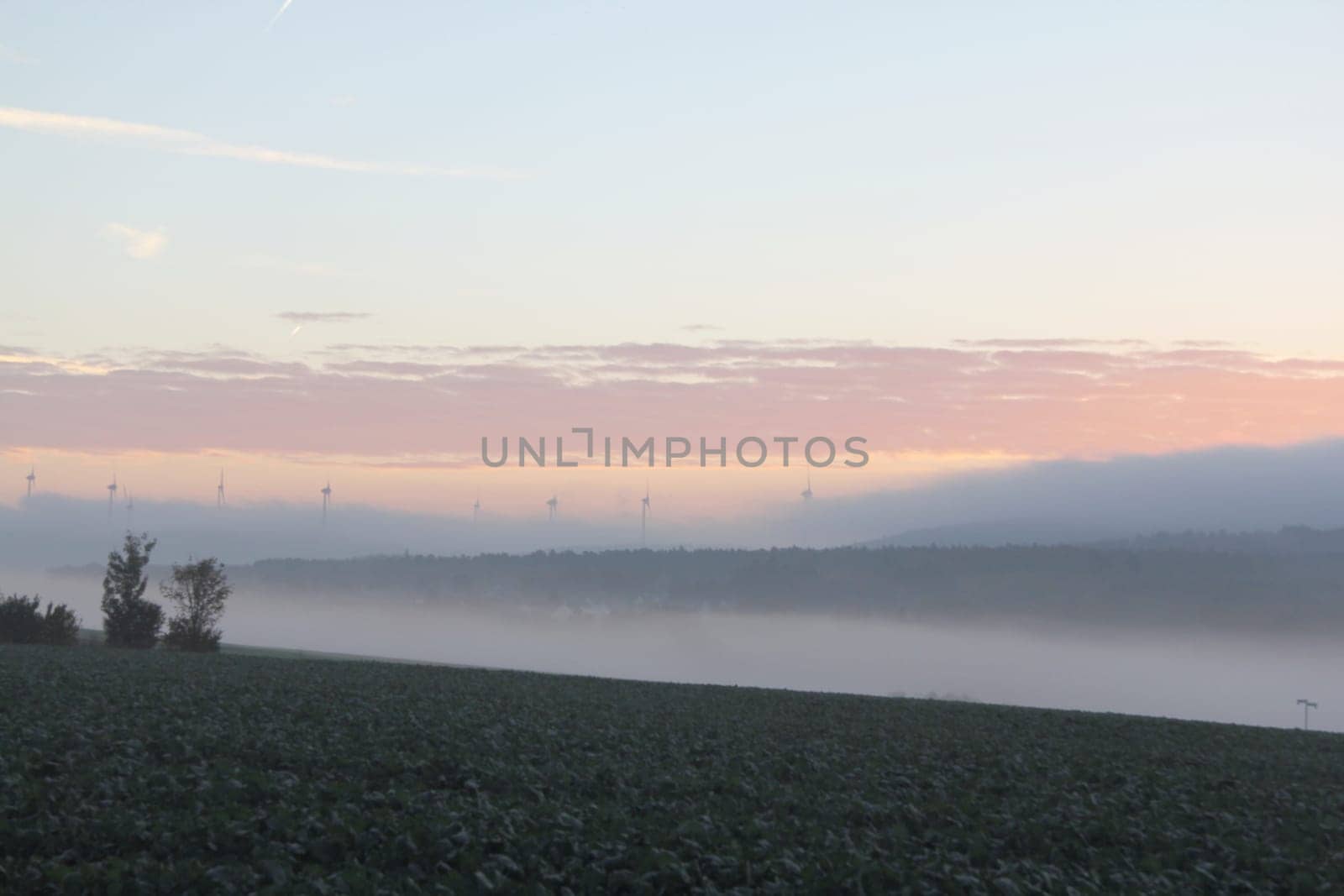 Clouds and fog,illuminated by the rising sun.