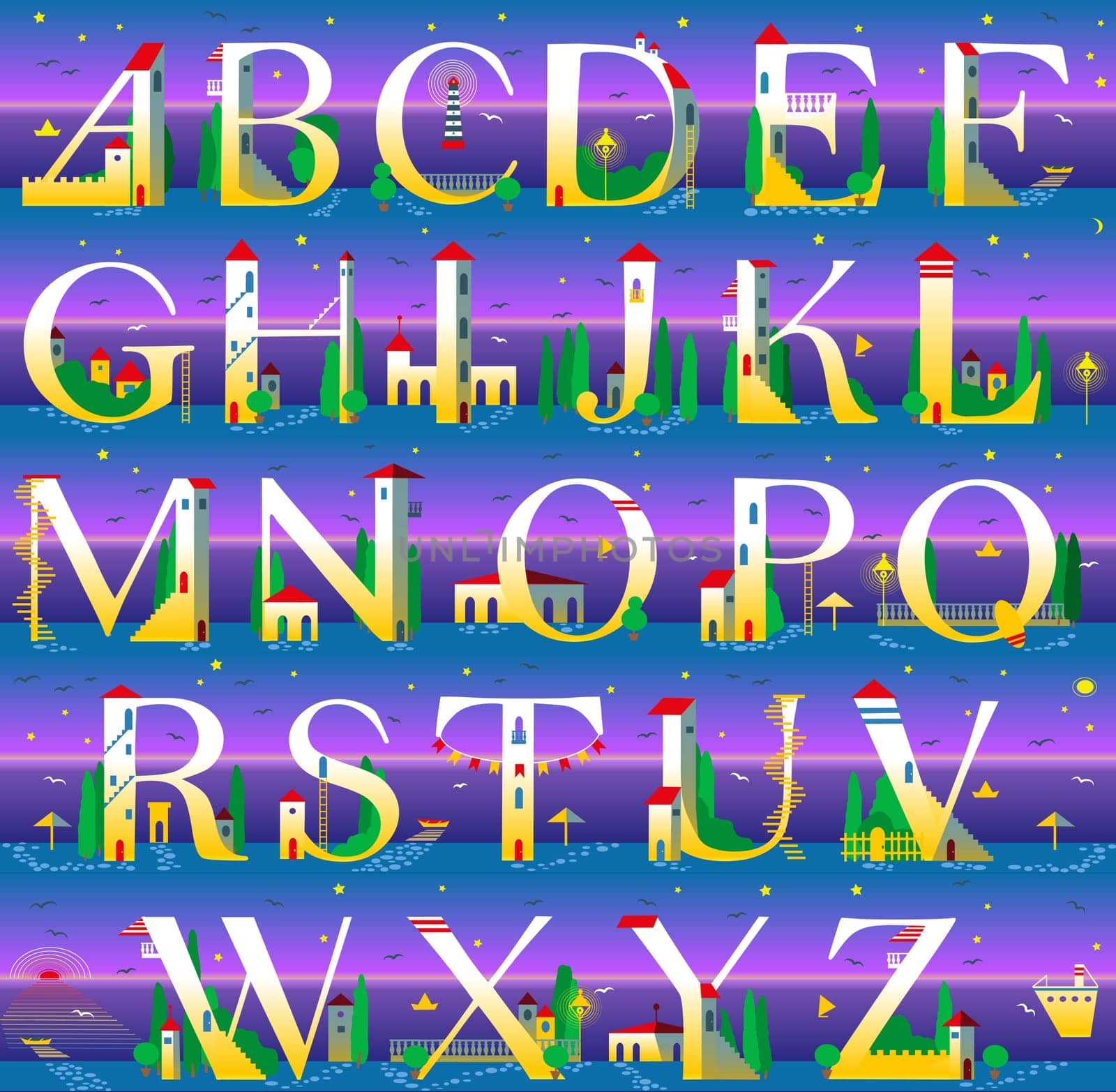 Summer Alphabet. Artistic font. Cute sea town onthe night beach.  Illustration