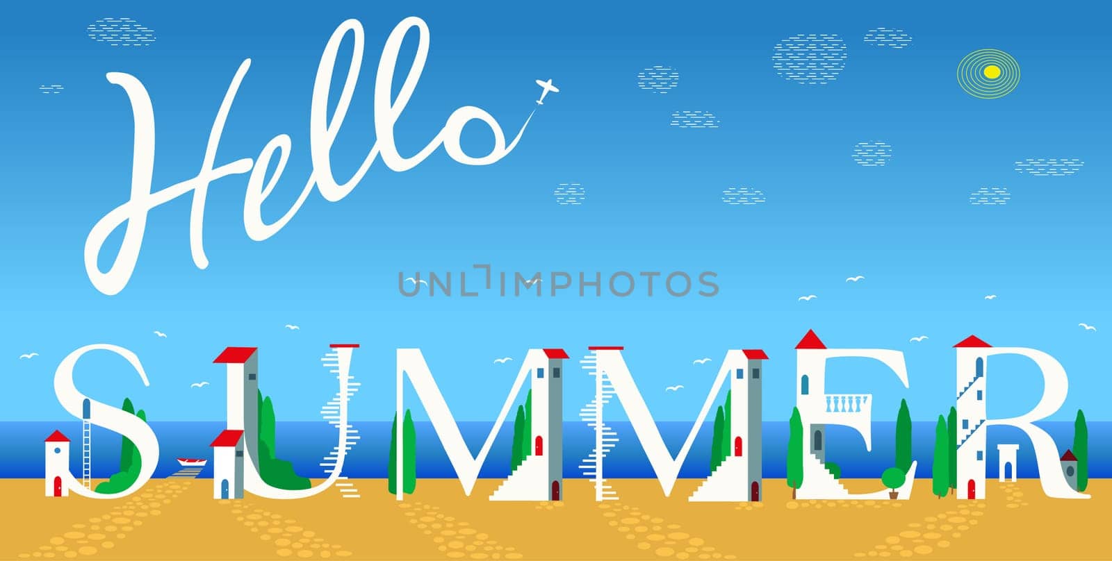Inscription Hello summerr. Summer artistic font. Cute white houses on the coast. Plane in the sky.  Illustration