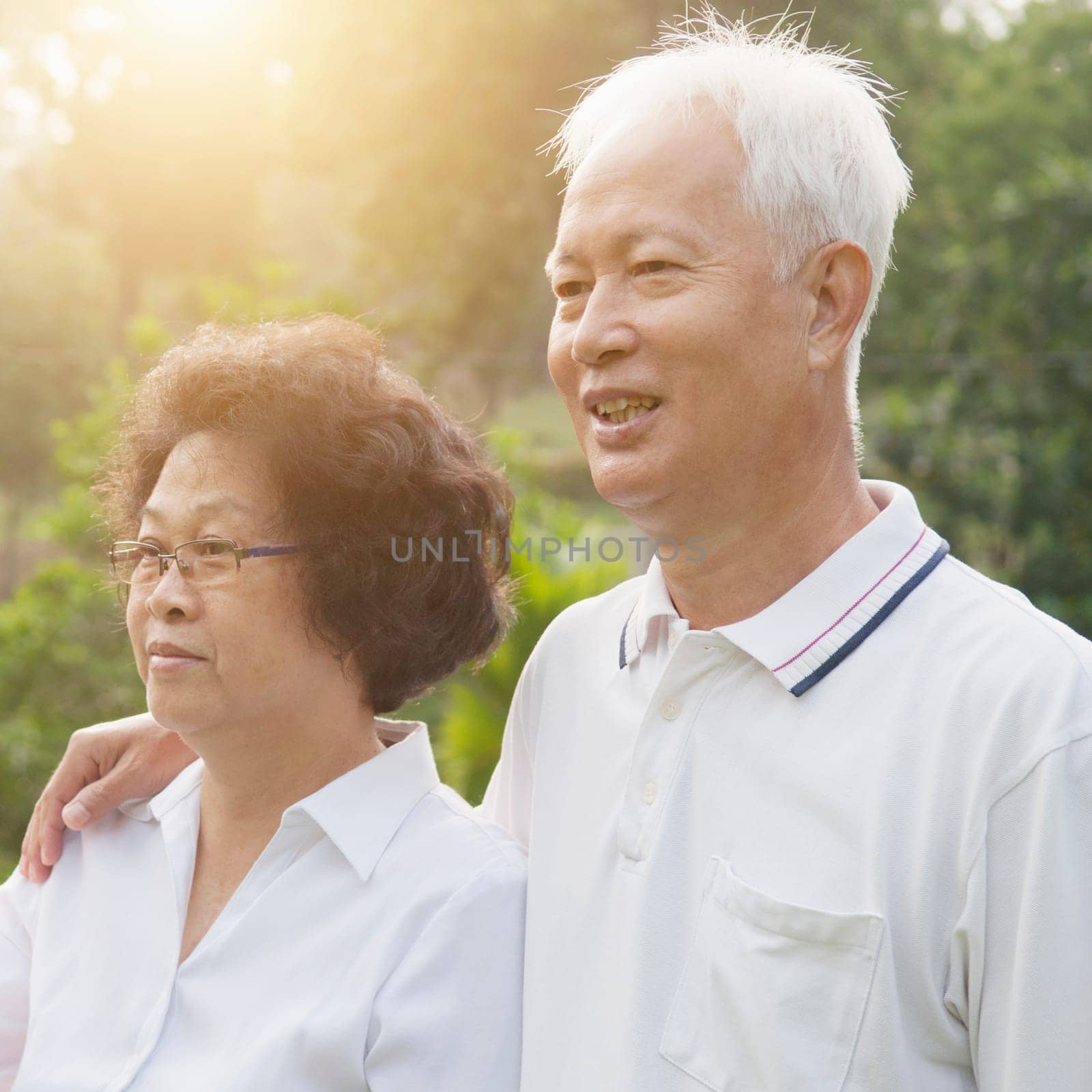 Portrait of healthy Asian seniors retiree couple looking away at outdoor nature park, morning beautiful sunlight background.