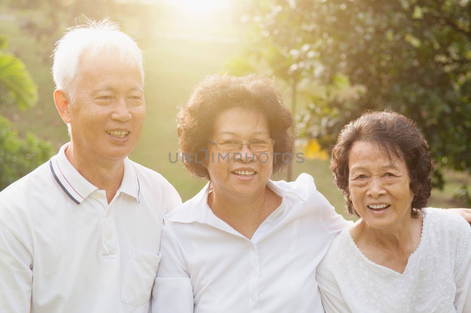 Group of healthy Asian seniors having fun at outdoor nature park, in morning beautiful sunlight at background.
