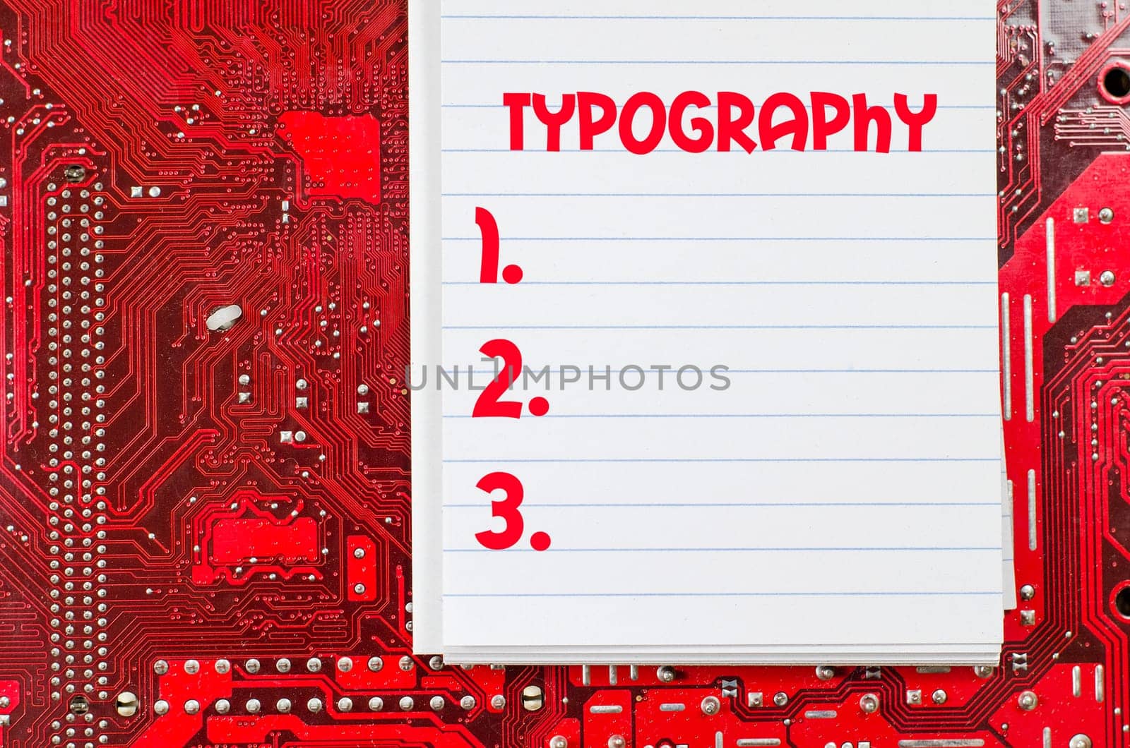 Red old dirty computer circuit board and text concept