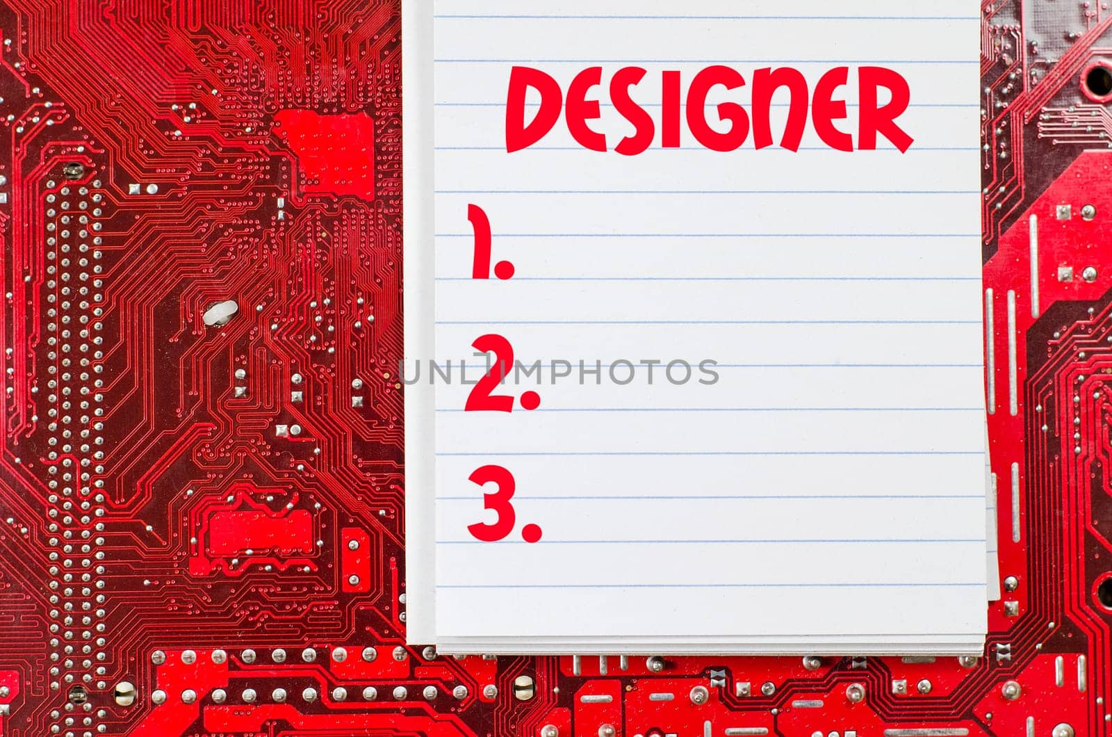 Red old dirty computer circuit board and text concept