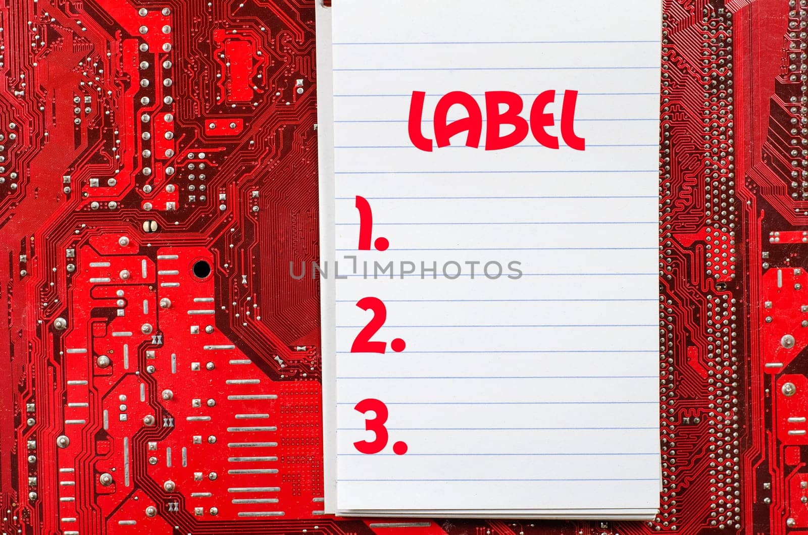 Red old dirty computer circuit board and text concept