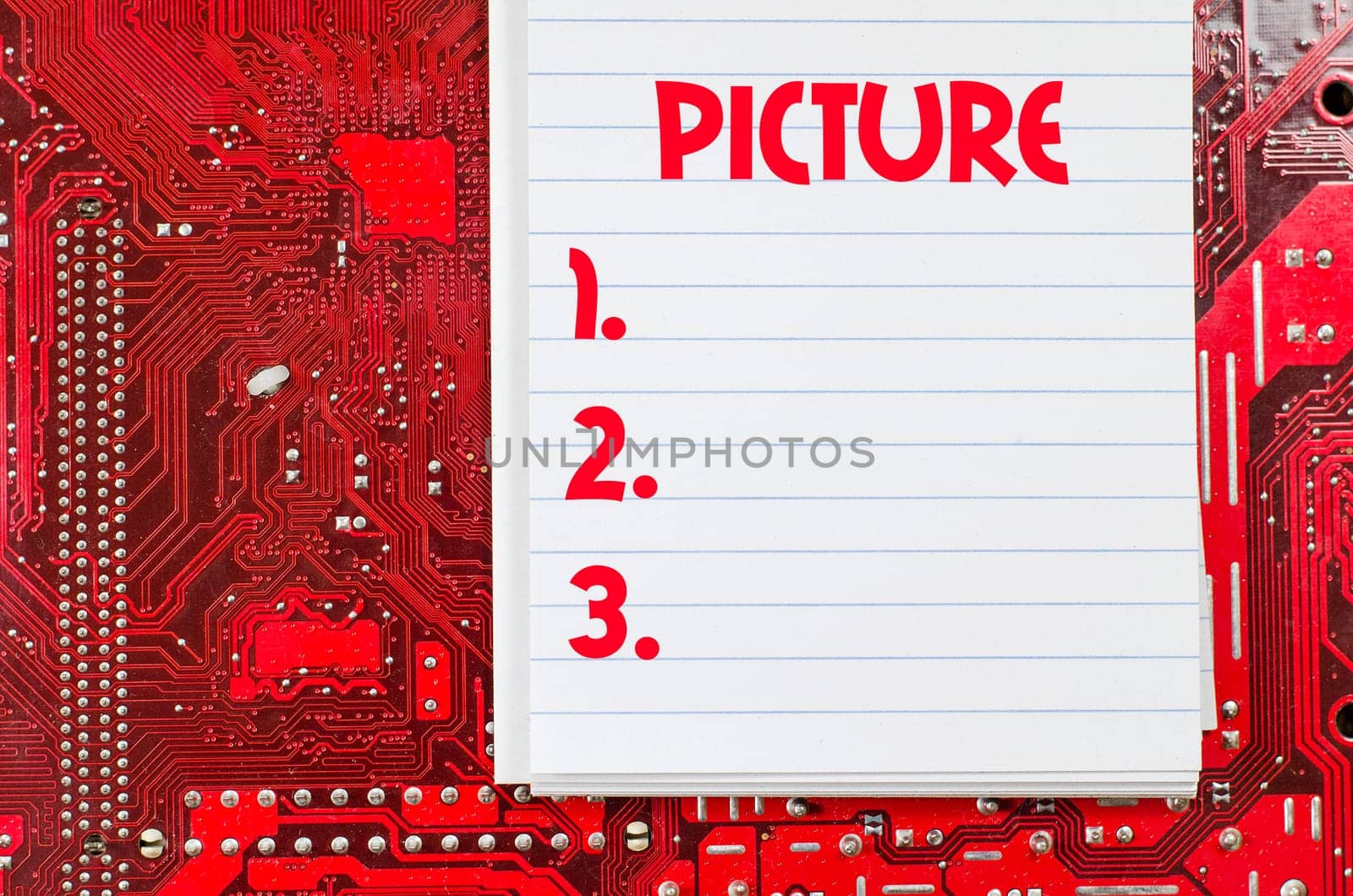 Red old dirty computer circuit board and text concept