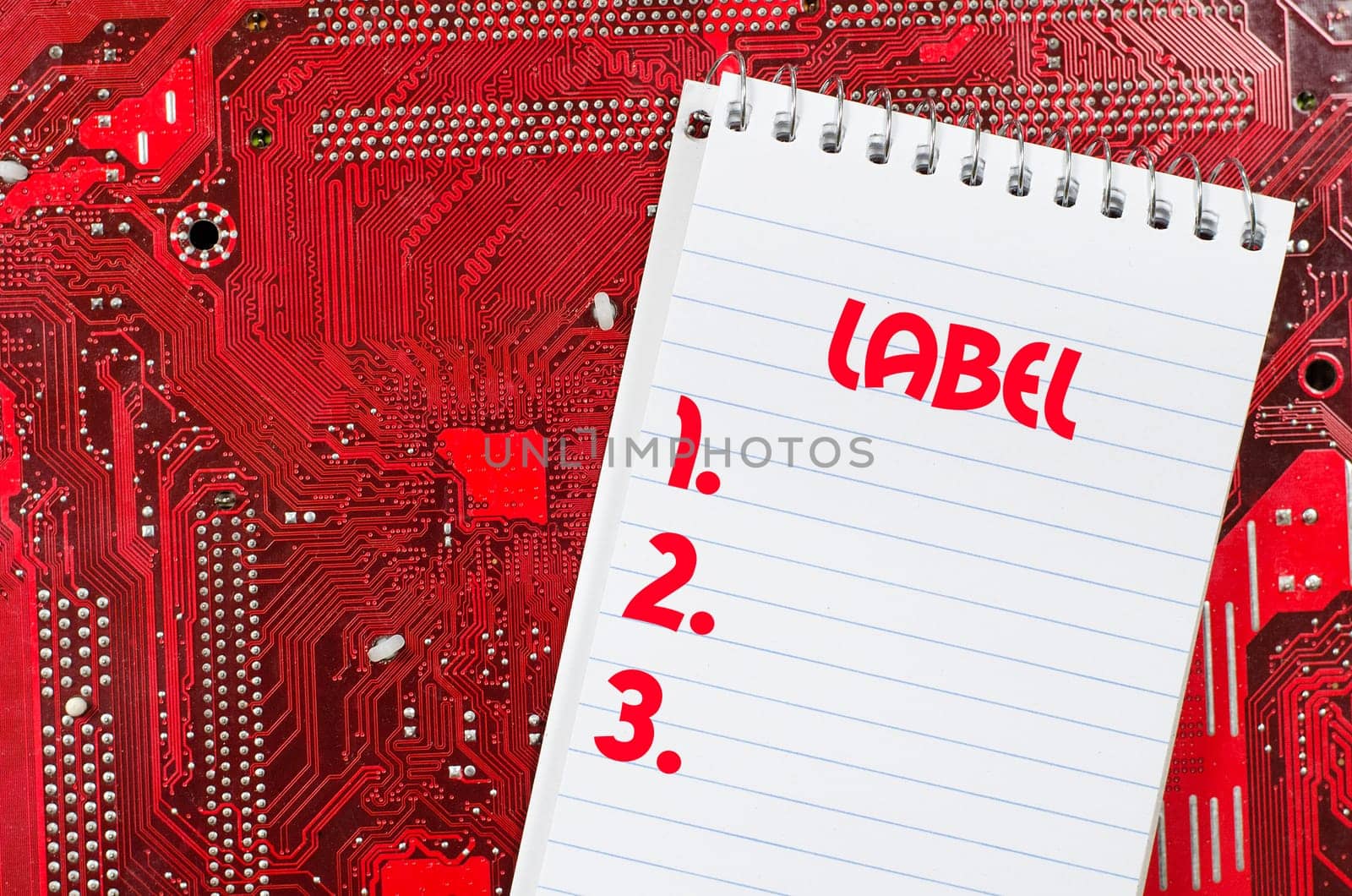 Red old dirty computer circuit board and text concept