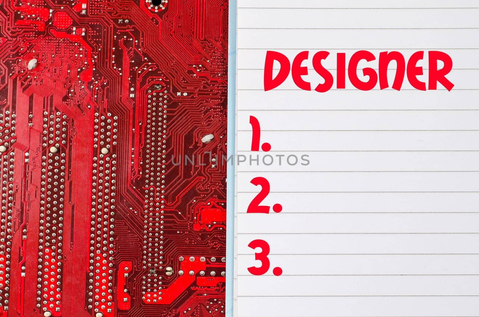 Red old dirty computer circuit board and text concept
