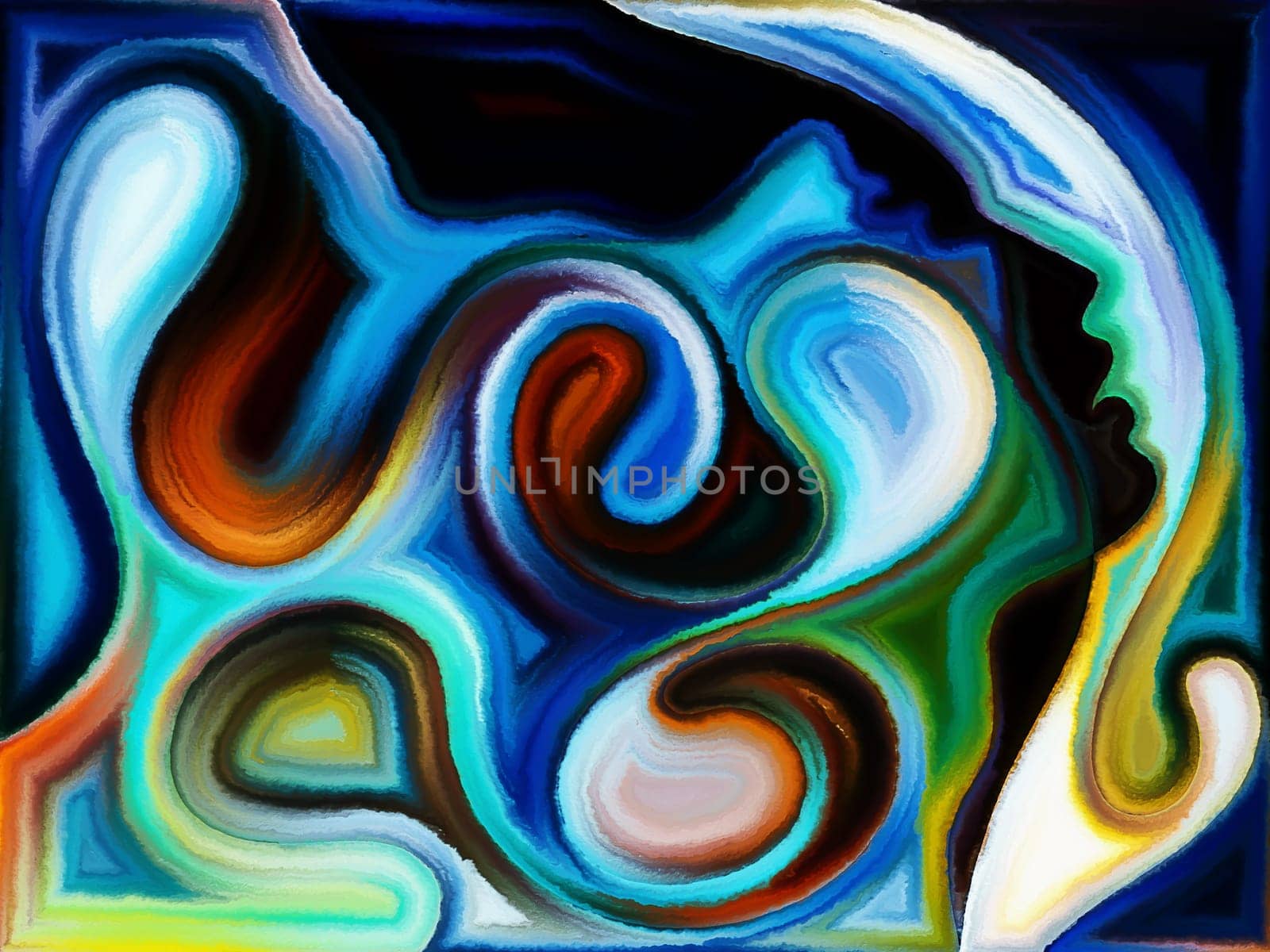 Inner Dialog series. Interplay of human profiles and vivid paint shapes on the subject of emotions, relationships, human drama, spirituality and design