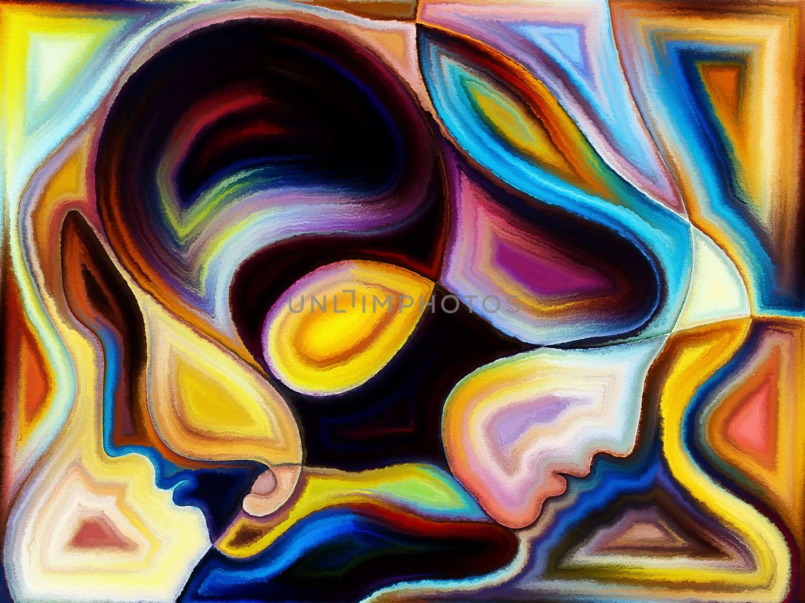Inner Dialog series. Composition of human profiles and vivid paint shapes suitable as a backdrop for the projects on emotions, relationships, human drama, spirituality and design