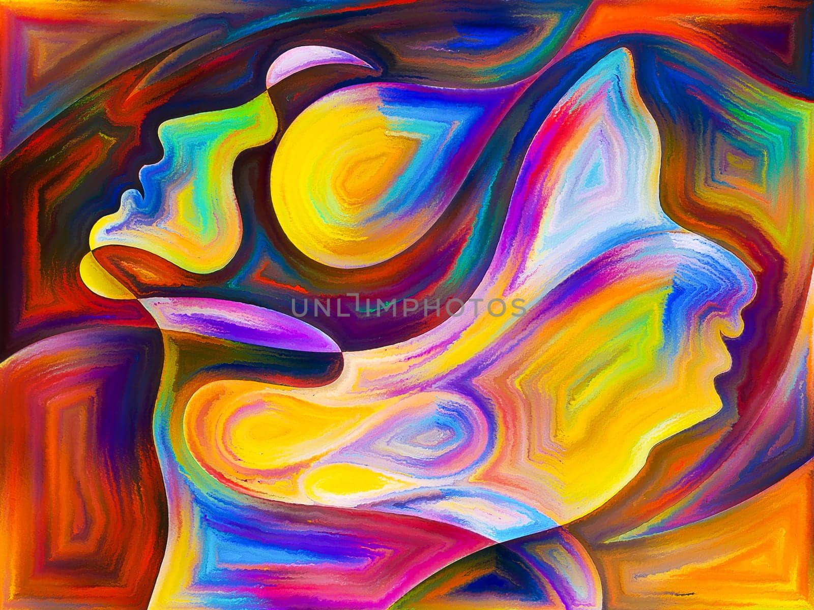Inner Dialog series. Backdrop of  human profiles and vivid paint shapes to complement your design on the subject of emotions, relationships, human drama, spirituality and design