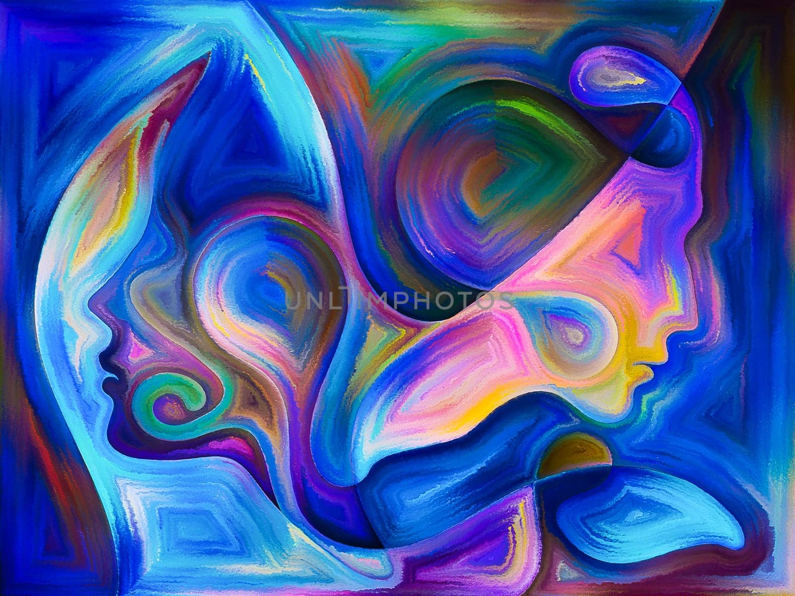 Inner Dialog series. Composition of human profiles and vivid paint shapes with metaphorical relationship to emotions, relationships, human drama, spirituality and design