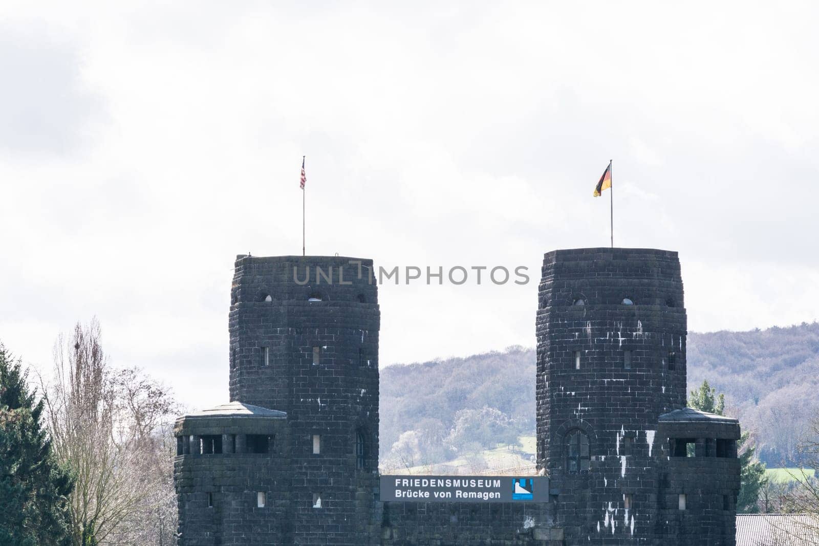 Erpel,Germany - March 27,2016:. Ruins of the Ludendorff Bridge near Erpel am Rhein in Germany.Towers of the Bridge of Remagen are located on the opposite bank of the city of Erpel am Rhein in Germany.