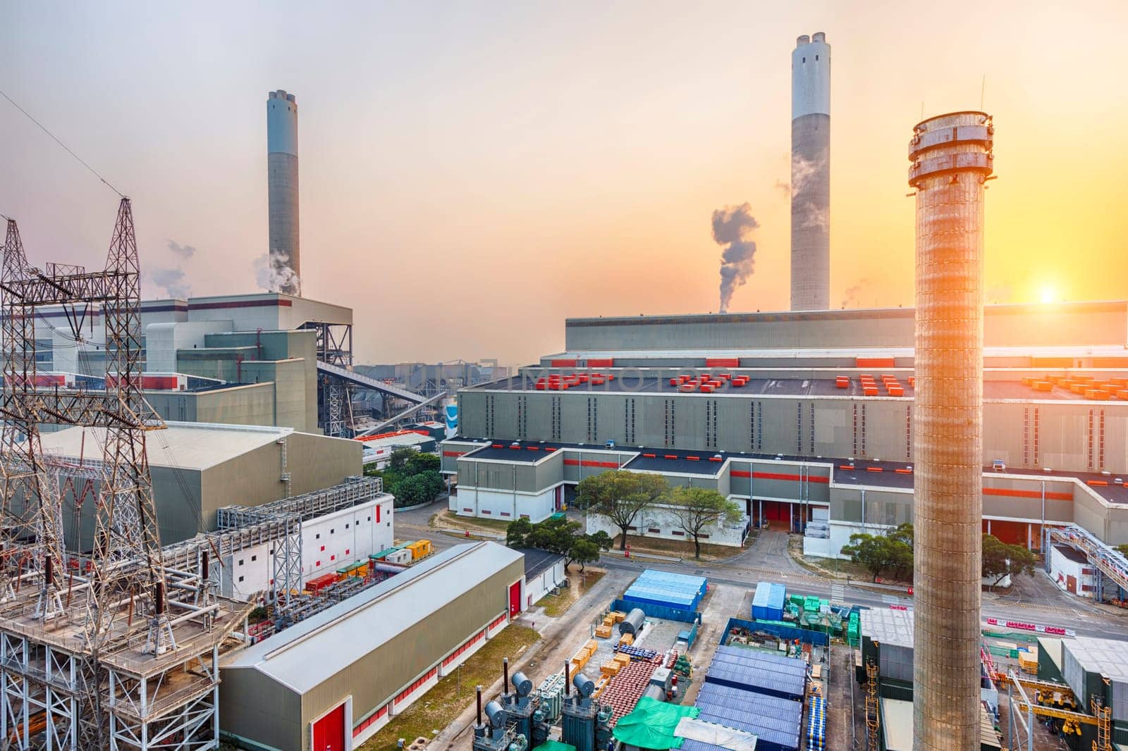 Hong Kong power station at sunset , Glow light of petrochemical industry