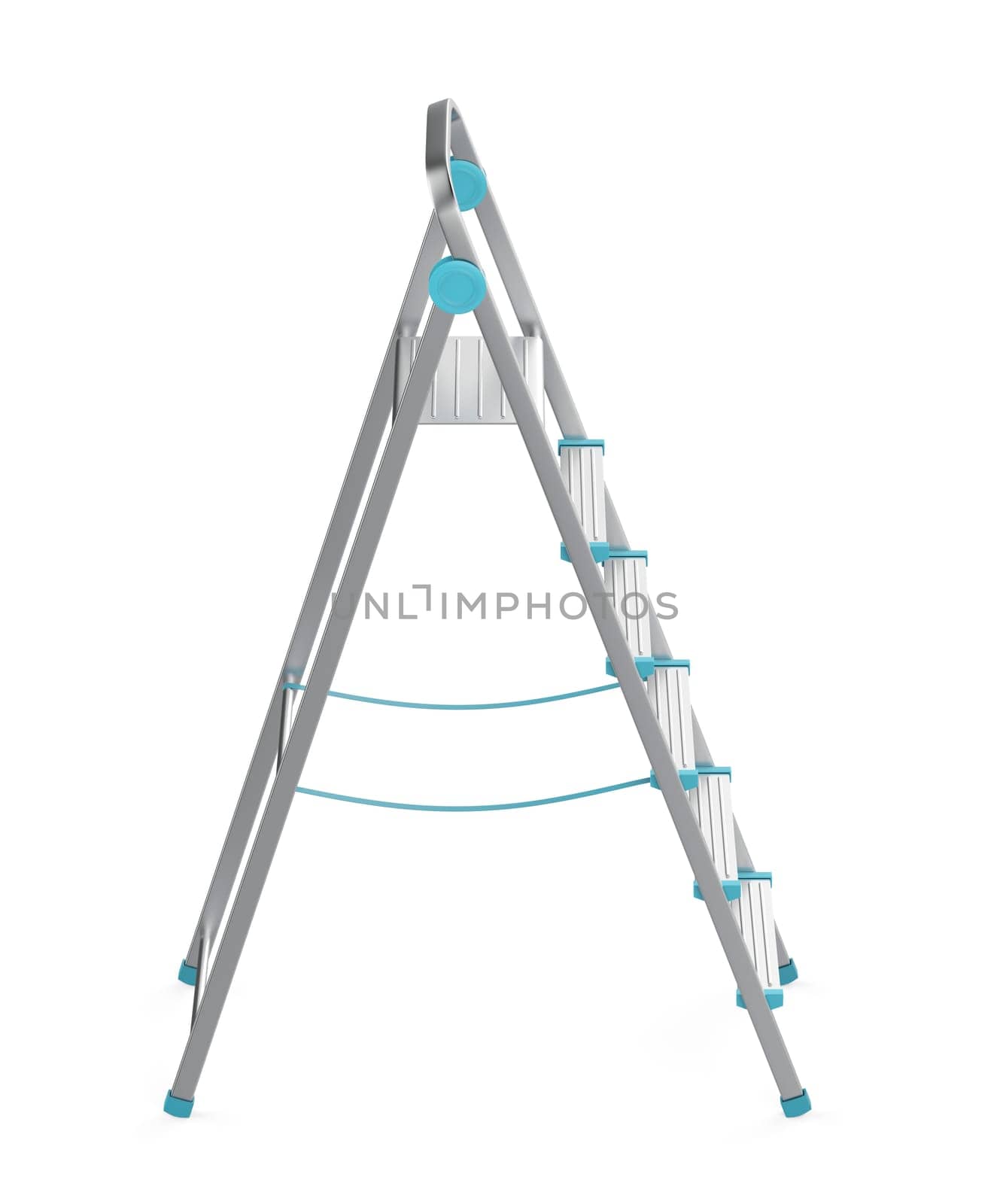 Unfolded aluminum ladder on white background