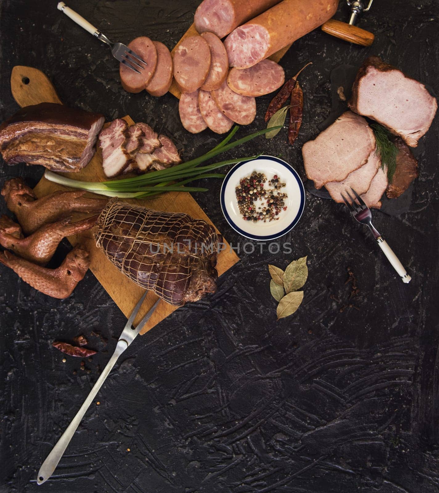 Set of different meat food on black backgound