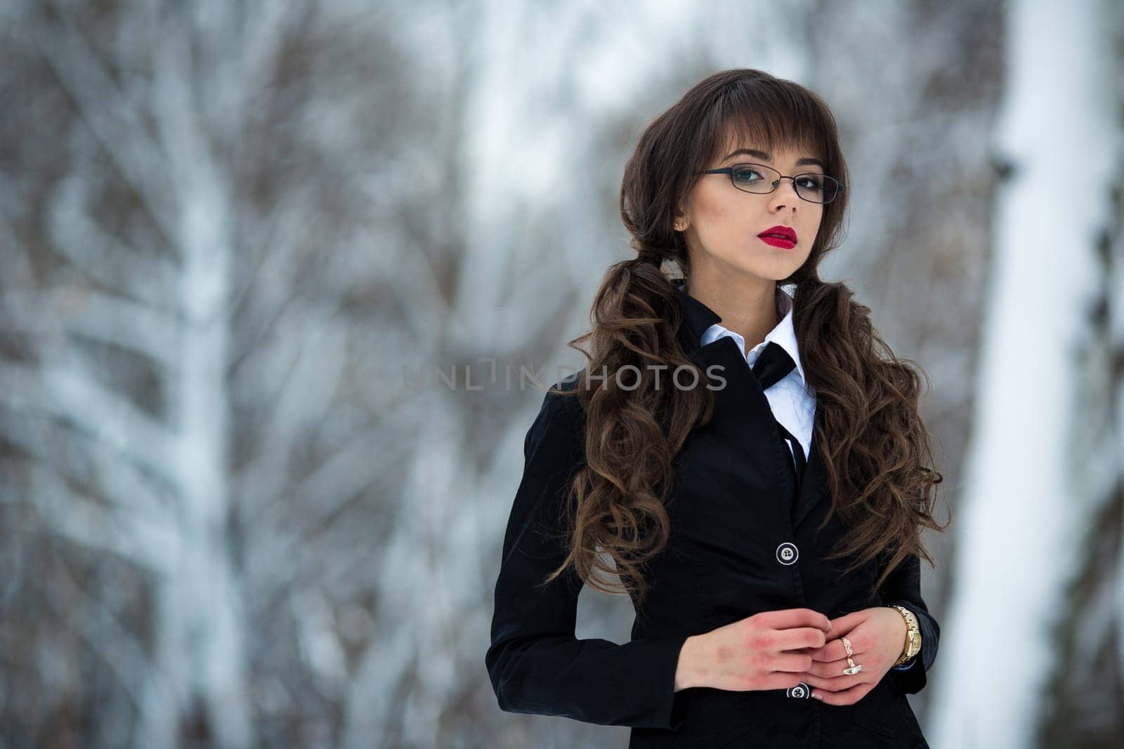 Sexy,sexual,clever,smart,wise,beautiful,pretty,nice,attractive,adorable,delightful,stunning,snorting girl,woman,model,student,school girl,teacher with glasses,red lips,creative make-up,tie,two tails,curly hair,white blouse,black jacket,fashion,winter