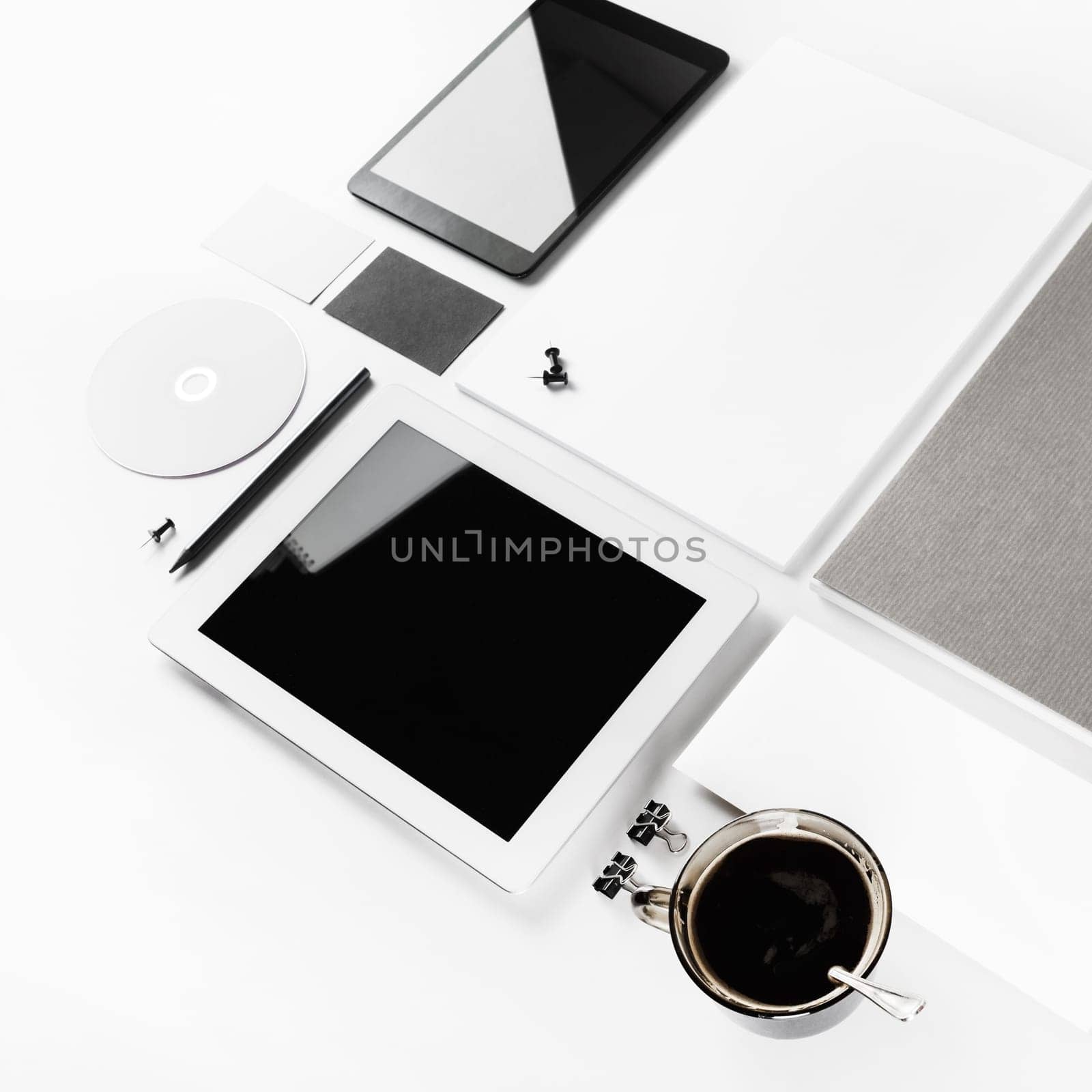 Blank paperwork template. ID template. Blank stationery set and corporate identity mock up. Responsive design mockup on paper background. Blank objects for placing your design.