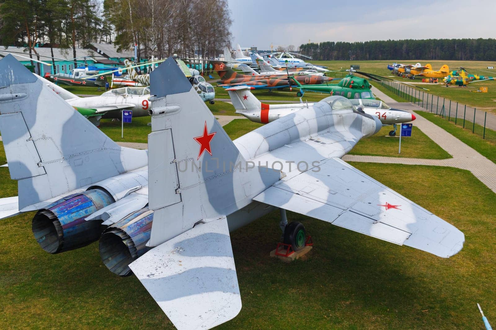 Minsk, Belarus - April 25, 2015: Obsolete Soviet jet. Old military aircraft. Many airplanes, helicopters and various aircraft. Selective focus.