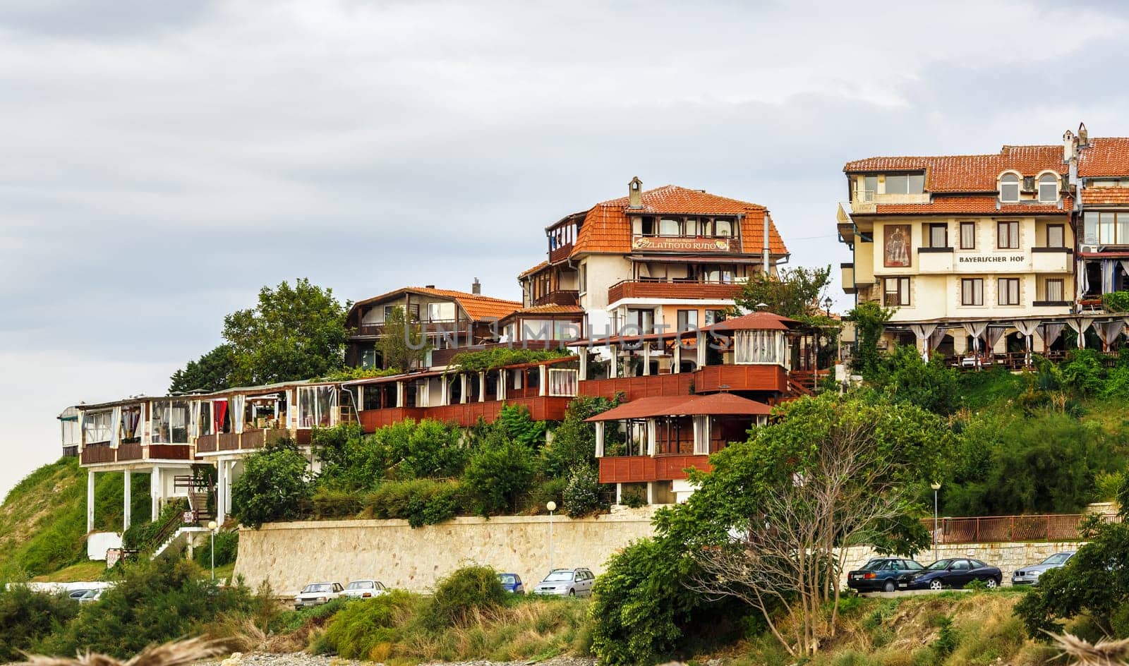 Nesebar, Bulgaria - September 08, 2014: Seaside resort and ancient old town Nesebar in Bulgaria. Architecture, trees and shrubs. Bulgarian Black Sea Coast. UNESCO world heritage site. Panoramic shot.
