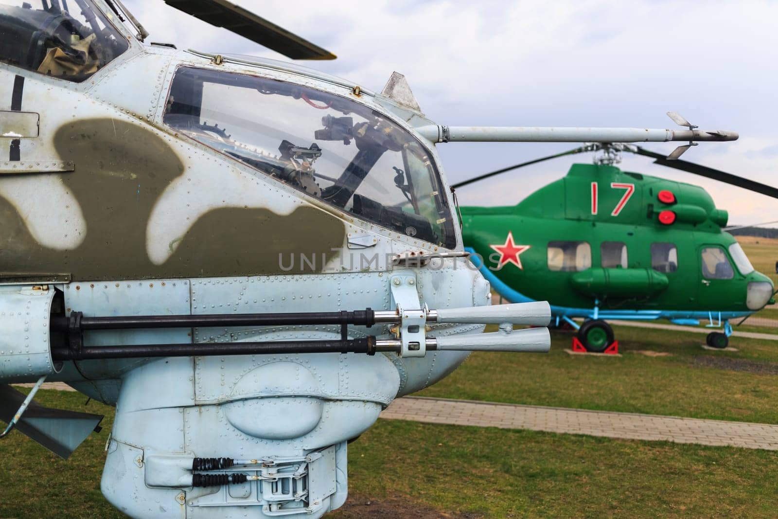 Minsk, Belarus - April 25, 2015: Obsolete old Soviet helicopters. Close-up of a military helicopter. Selective focus.