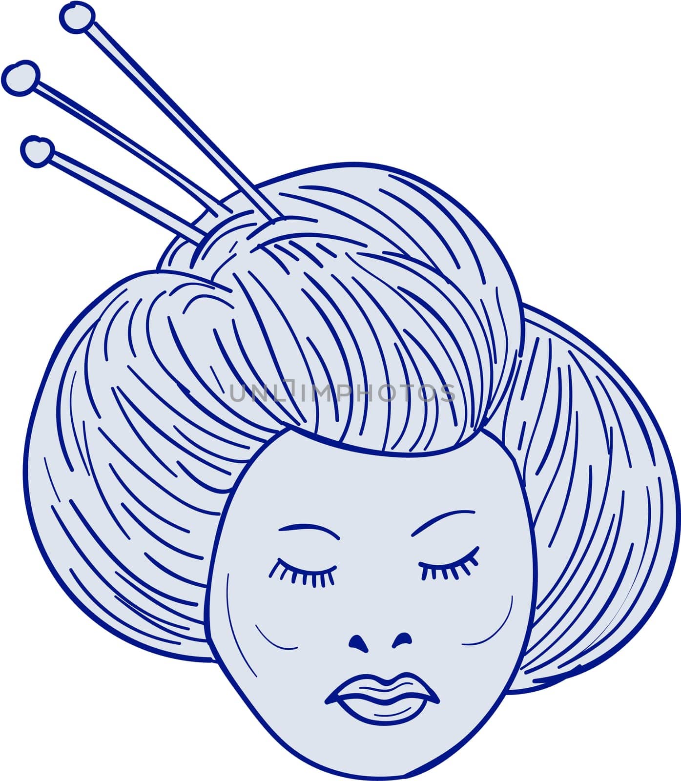 Drawing sketch style illustration of head of Geisha, geiko or geigi girl, traditional Japanese female entertainer who act as hostesses viewed from front set on isolated white background.