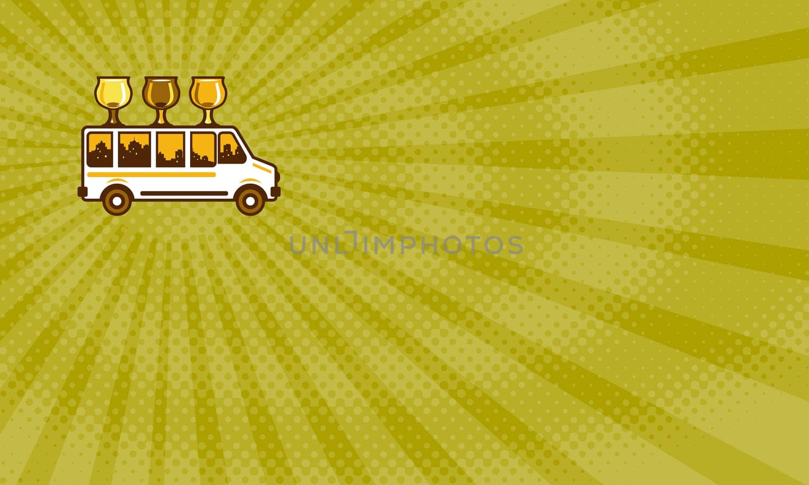 Business card showing Illustration of  beer flight glass each holding a different beer type on top of van viewed from the side set on isolated white background done in retro style. ....