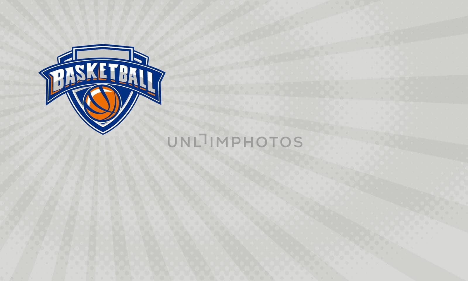 Business card showing Illustration of a basketball ball set inside shield with the word text BASKETBALL in a ribbon banner done in retro style. ....