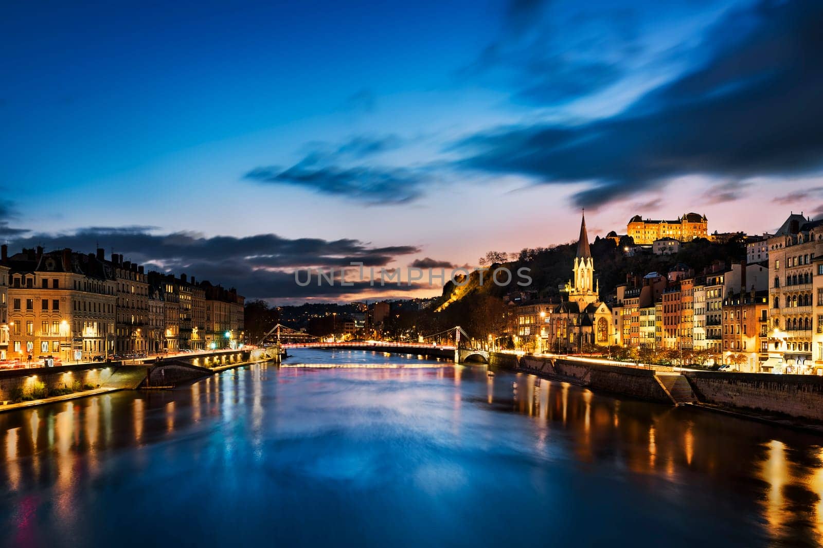 View of Saone river in Lyon city at evening, France