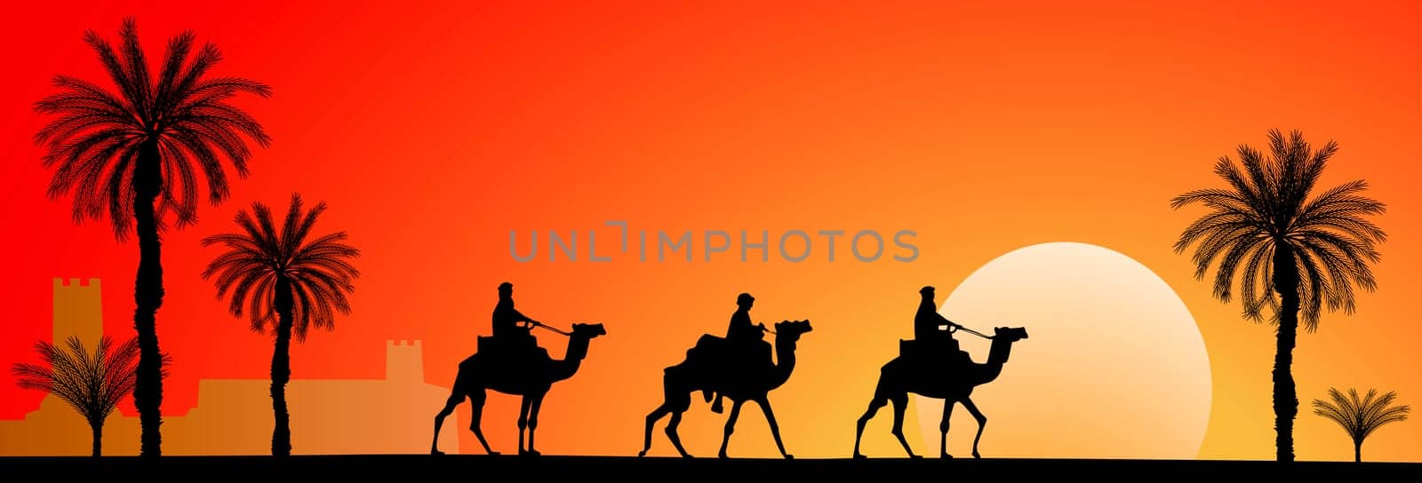 Caravan of camels in the desert. Riders on camels on the background of palm trees and sunset.