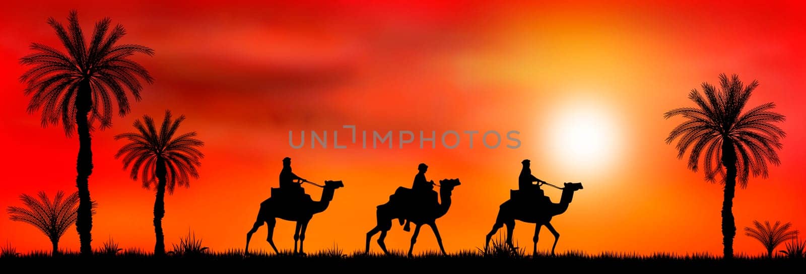Riders on camels on the background of palm trees and sunset.