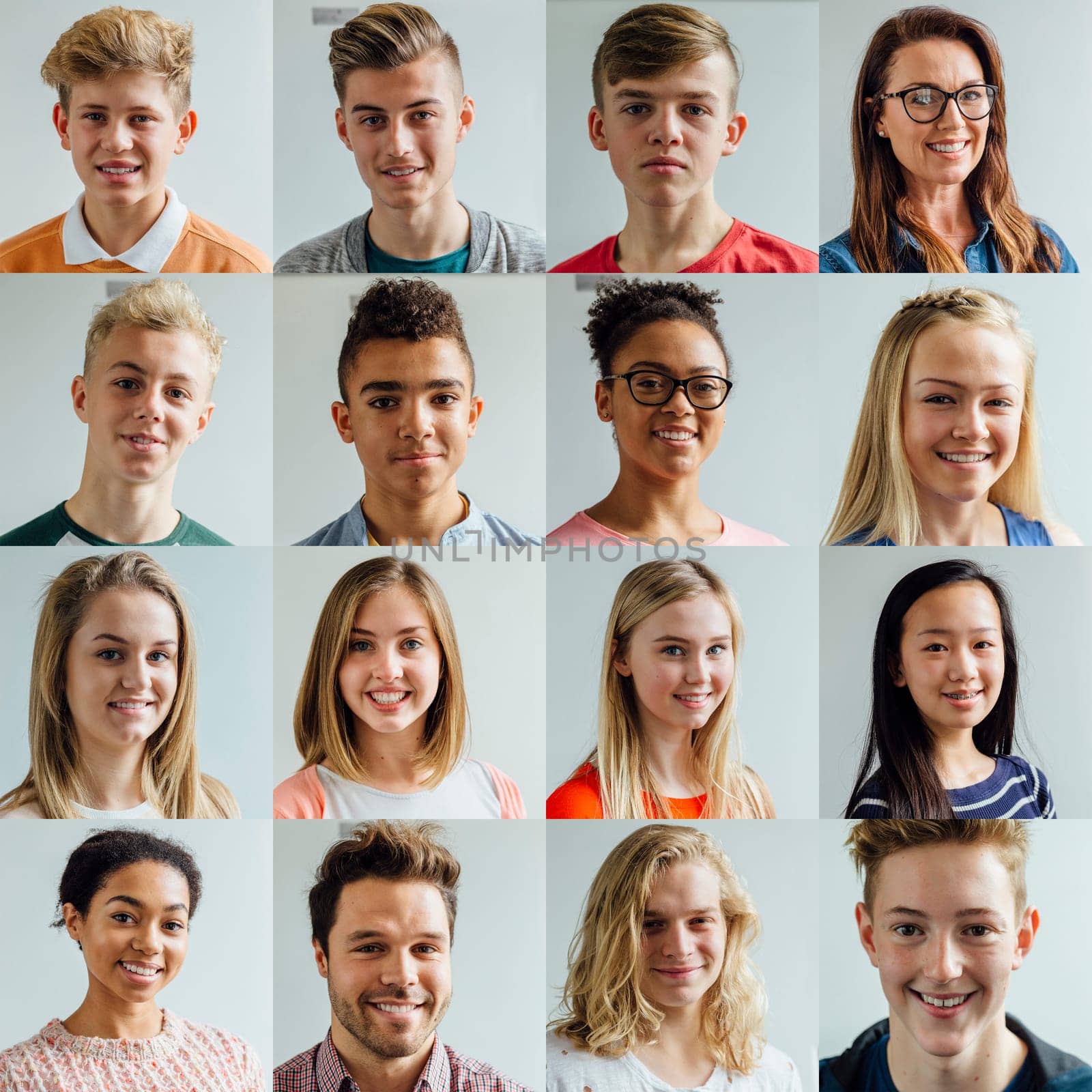 4x4 collage of headshots of high school students and teachers. They are wearing casual and formal clothing and are smiling.