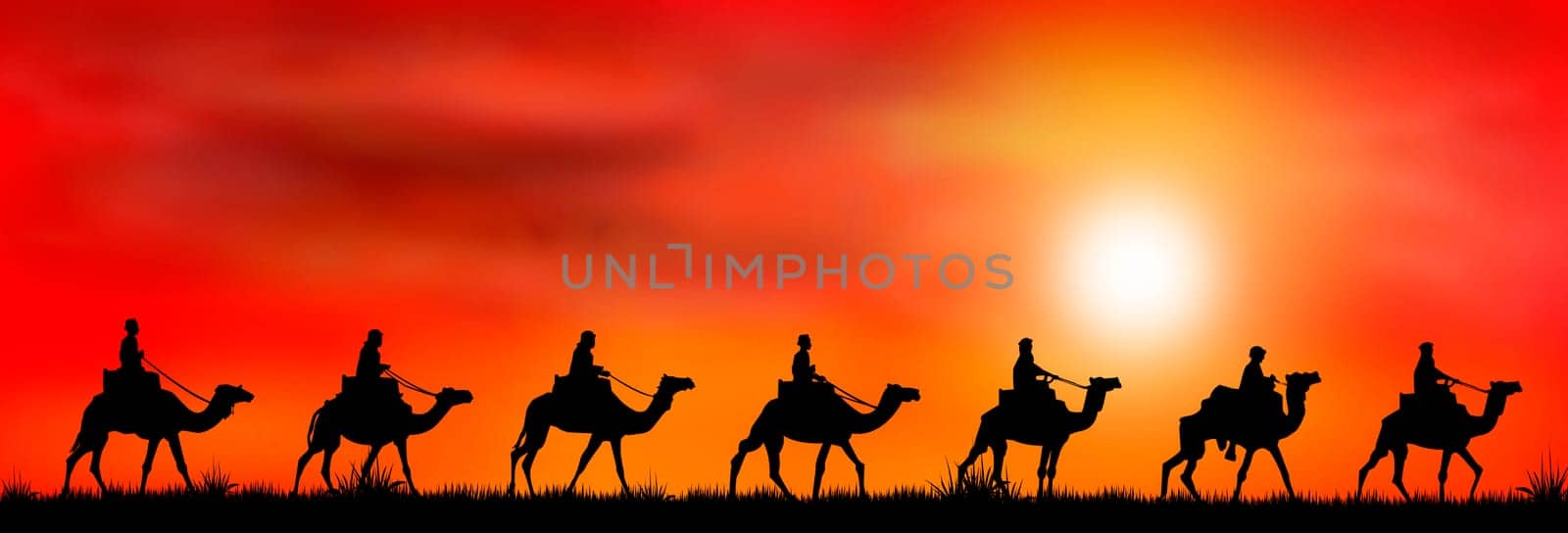 Silhouettes of riders on camels on the background of sunset.