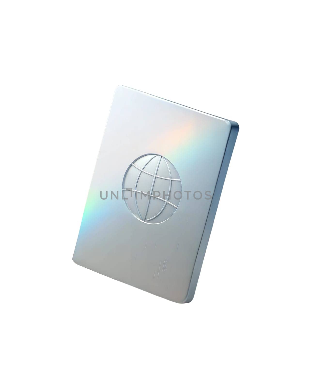 A sleek, futuristic 3D holographic icon of a passport with a globe design, isolated on white background, representing travel, global connectivity, and international identity.