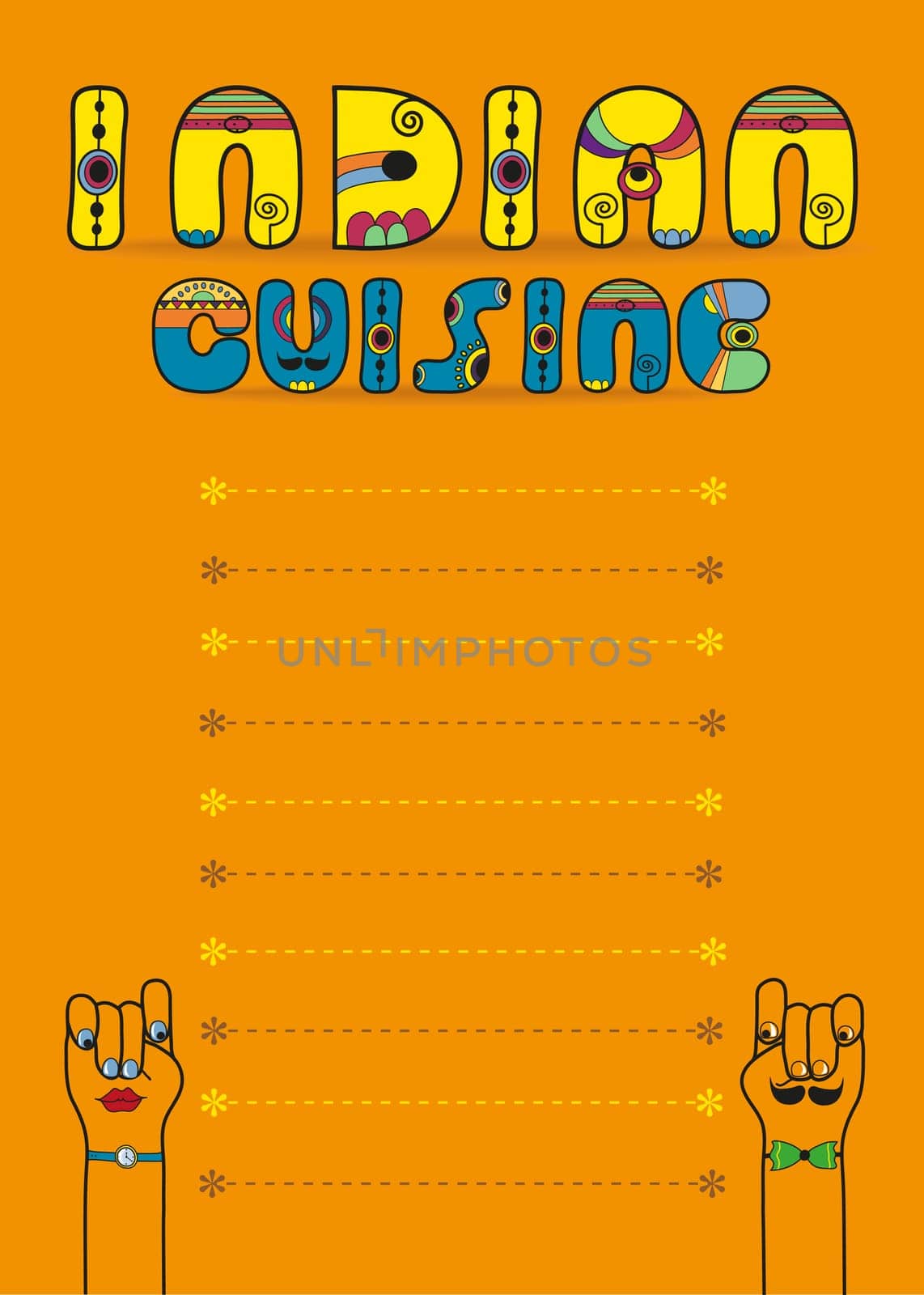 Indian cuisine. Inscription by artistic font. Yellow and blue letters with indian decor. Orange background with place for custom text. Cartoon hands looking at each other. Menu card