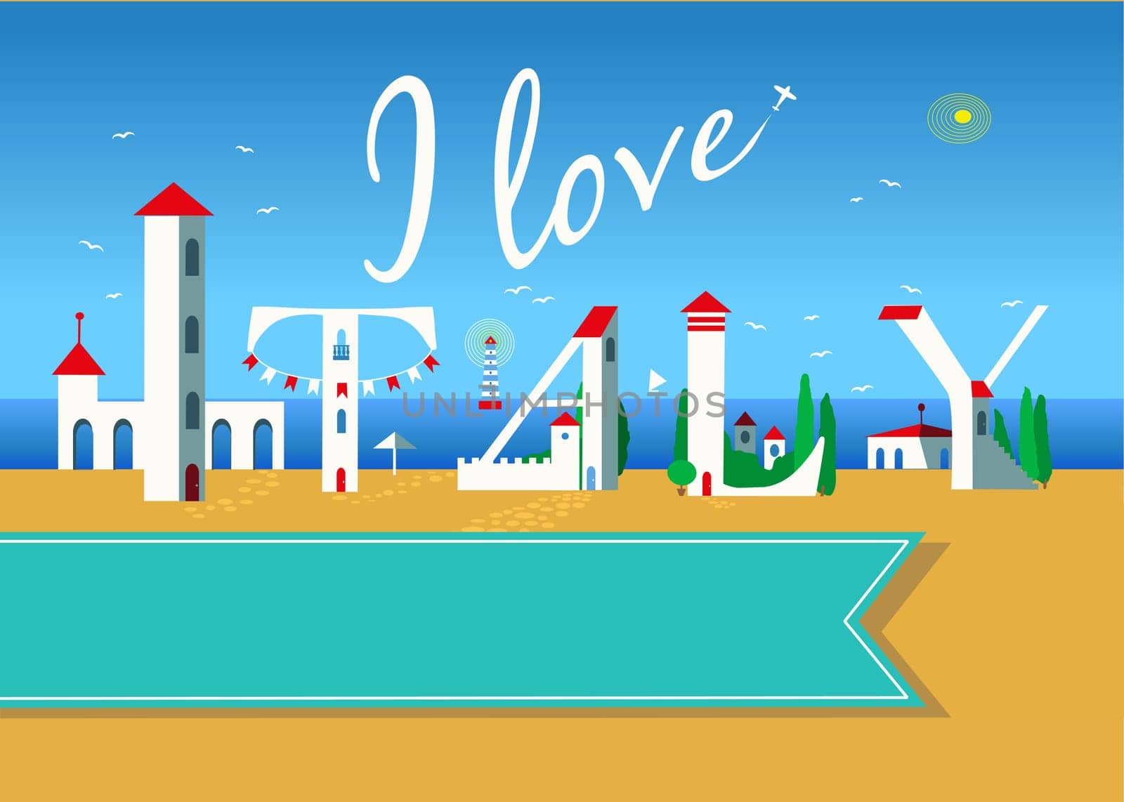 I love Italy. Travel card. White buildings on the summer beach. Blue banner for custom text. Plane in the sky.