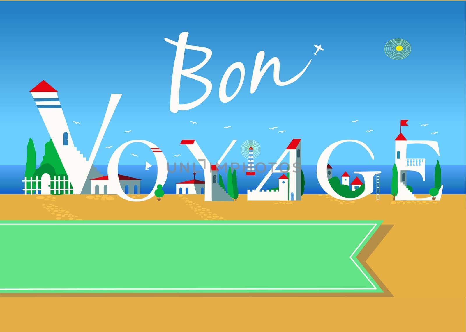 Bon voyage. Travel card. White buildings on the summer beach. Green banner for custom text. Plane in the sky.