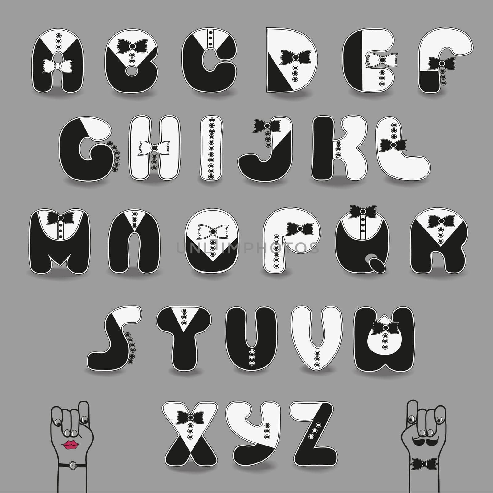 Black and White Alphabet with ties. Tuxedo Style. Cartoon letters with suits elements. illustration