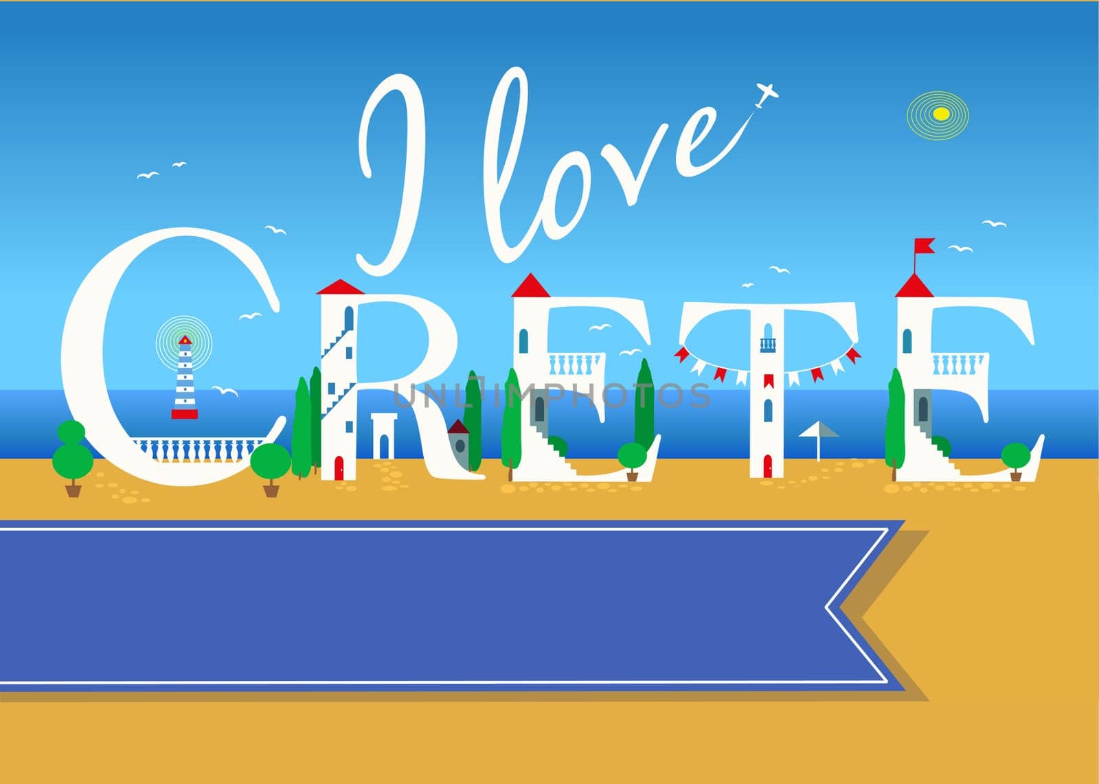 I love Crete. Travel card. White buildings on the summer beach. Blue banner for custom text. Plane in the sky.