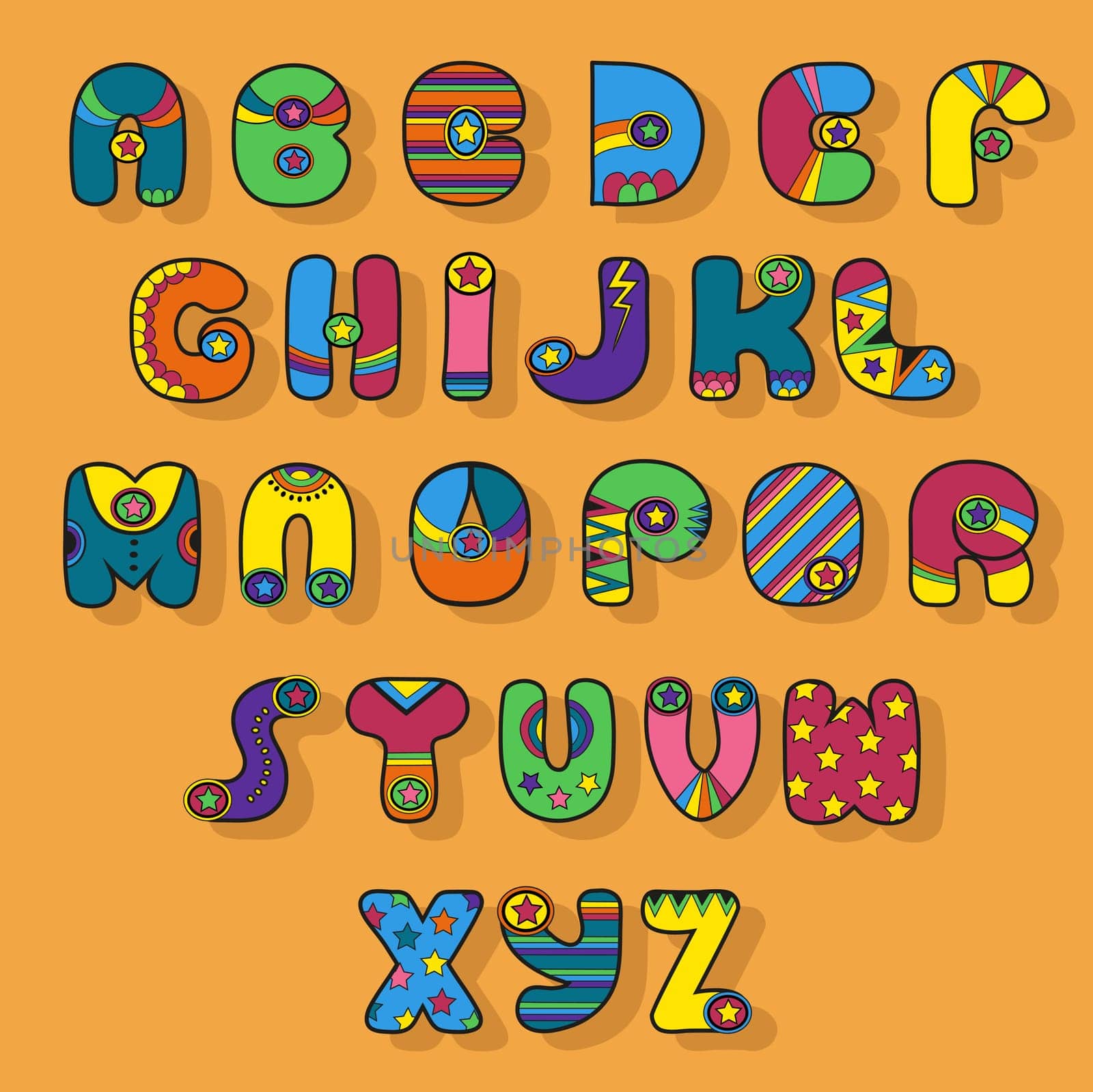 Colorful Alphabet. Superhero style. Cartoon letters with bright decor elements. illustration