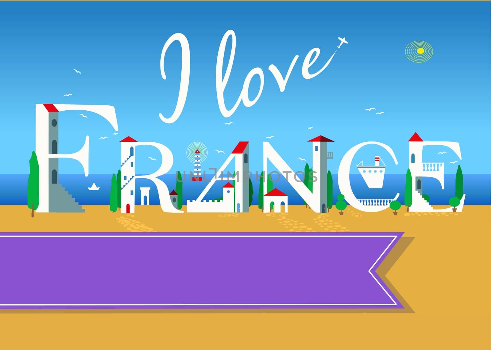 I love France. Travel card. White buildings on the summer beach. Purple banner for custom text. Plane in the sky.