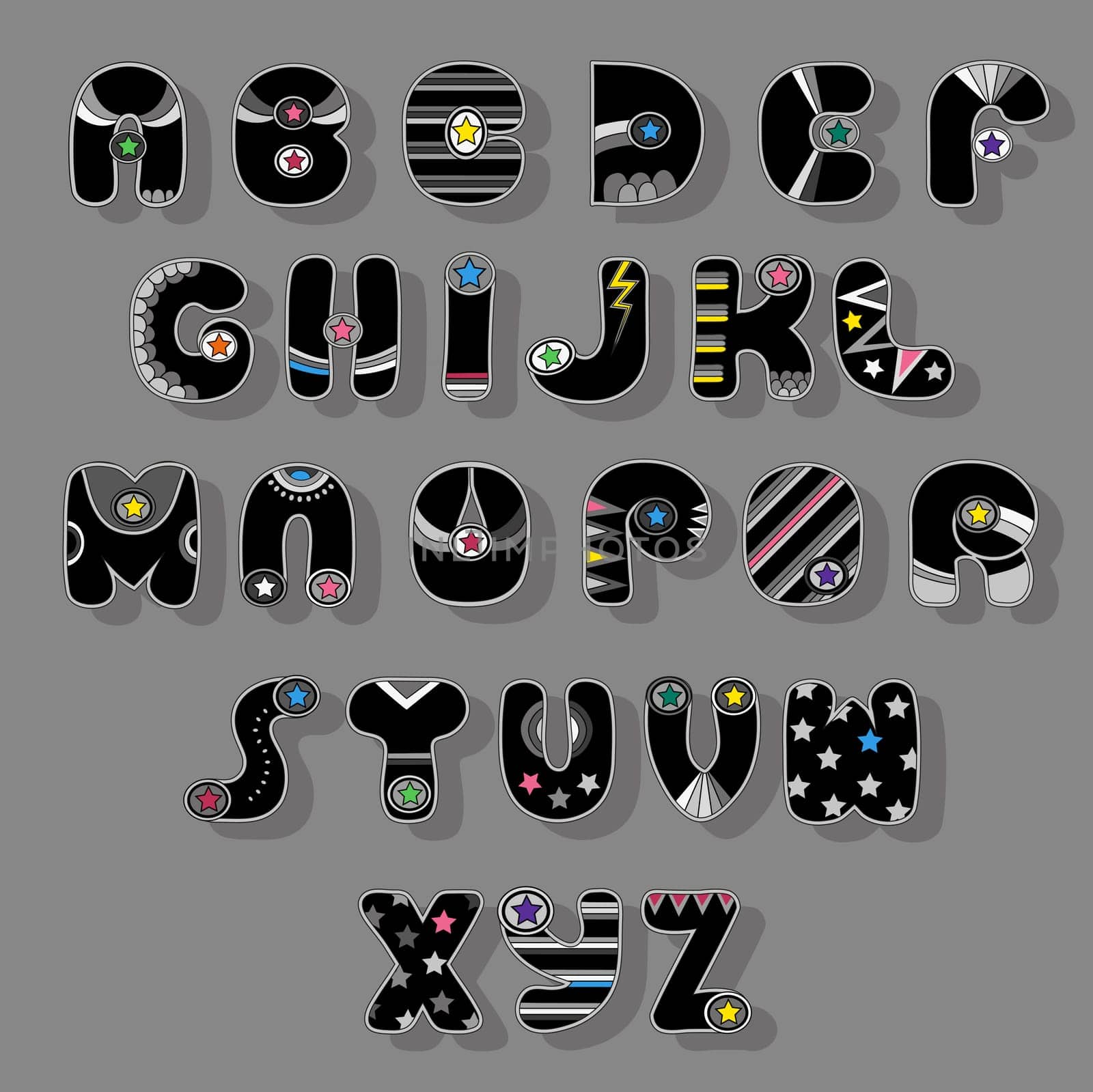 Colorful Alphabet. Superhero style. Cartoon letters with gray decor elements and colorful stars. illustration