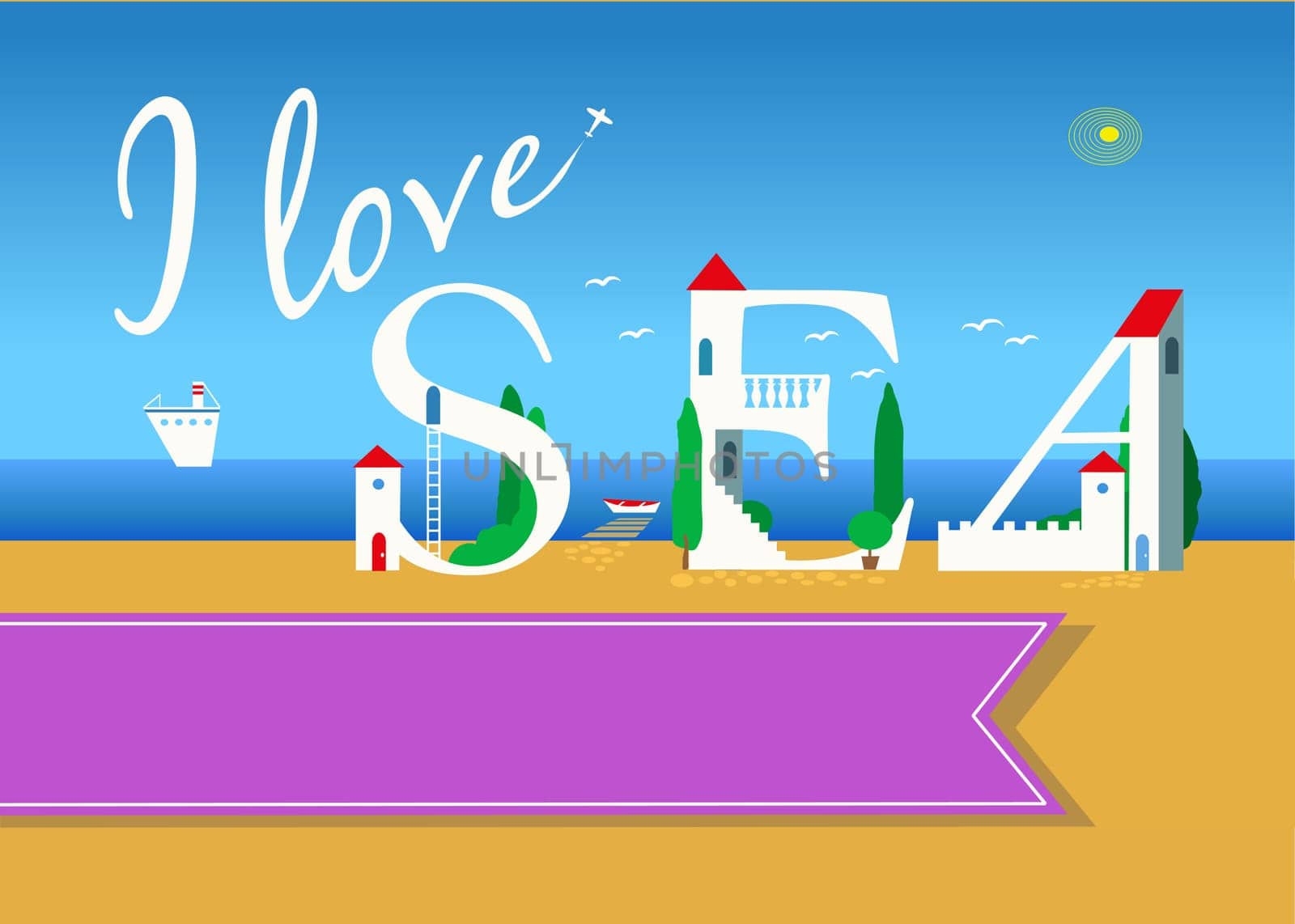 I love sea. Travel card. White buildings on the summer beach. Pink banner for custom text. Plane in the sky.