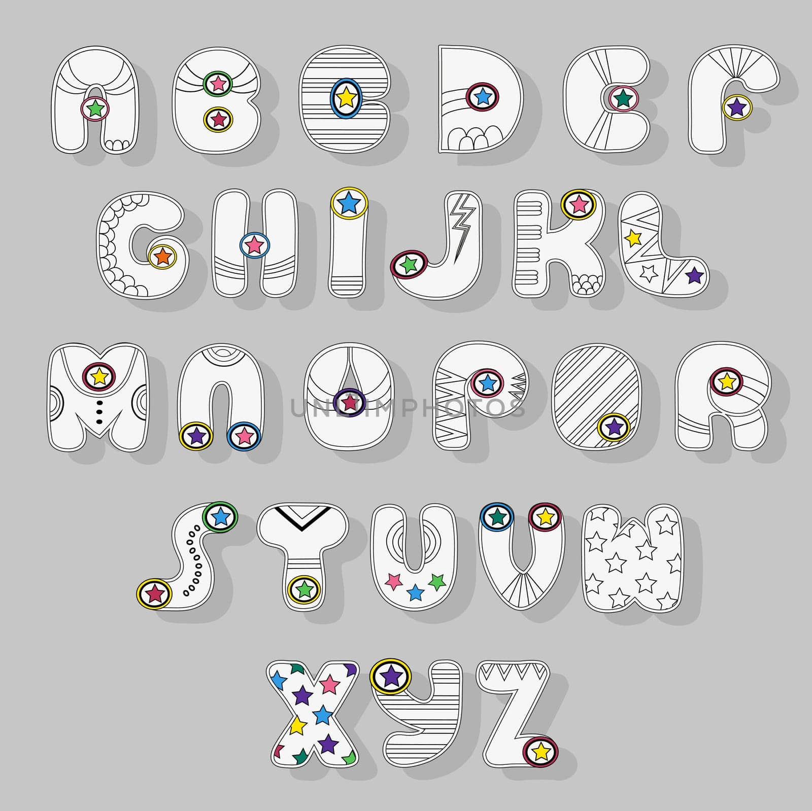 White Alphabet. Superhero style. Cartoon letters with black decor elements and colorful stars. illustration