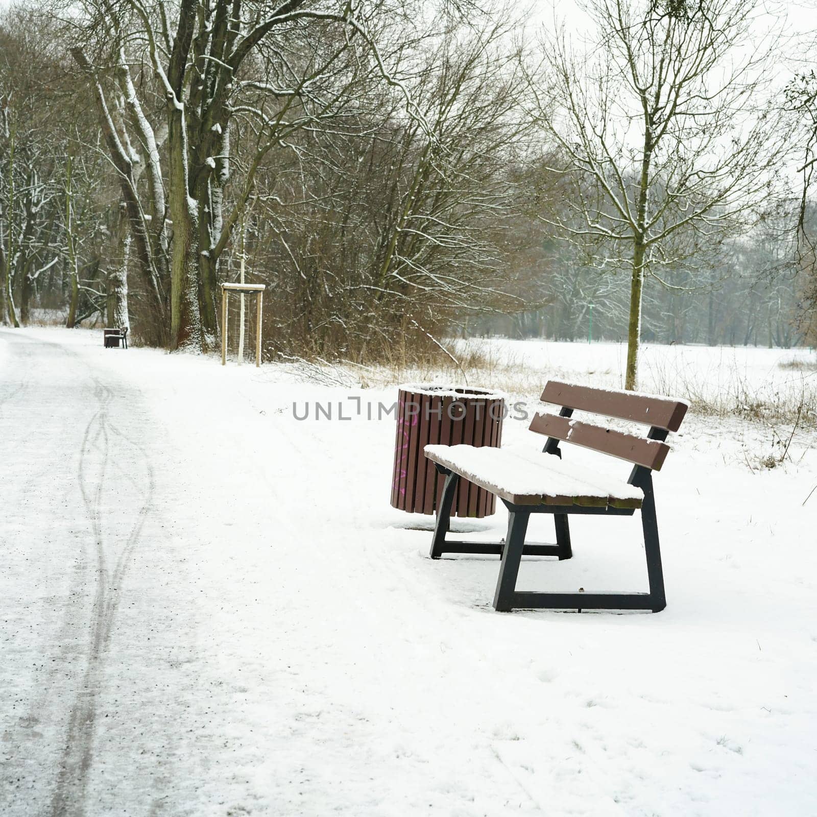abandoned bench in the city park of Magdeburg in winter