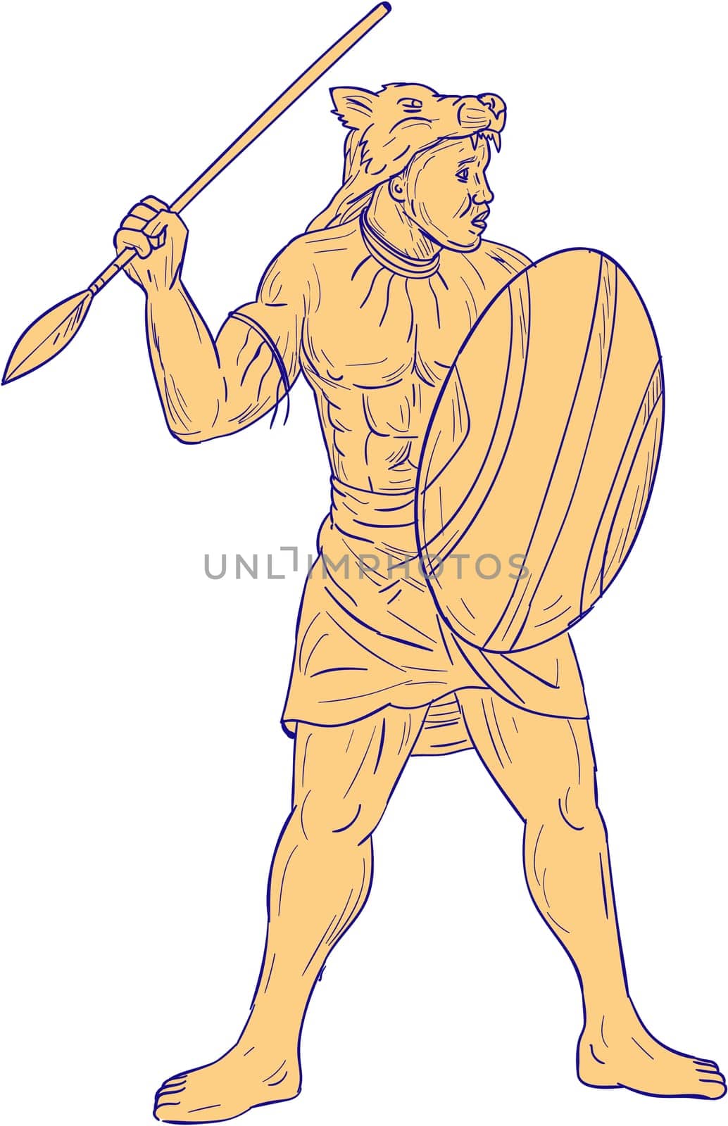 Drawing sketch style illustration of an african warrior with wolf mask on head holding spear and shield looking to the side set on isolated white background.