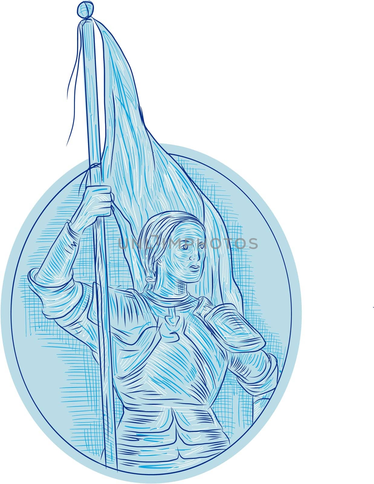 Drawing sketch style illustration of Joan of Arc, the Maid of Orleans, a heroine of France for her role during the Lancastrian phase of the Hundred Years' War holding flag looking to the side viewed from front set inside oval shape.