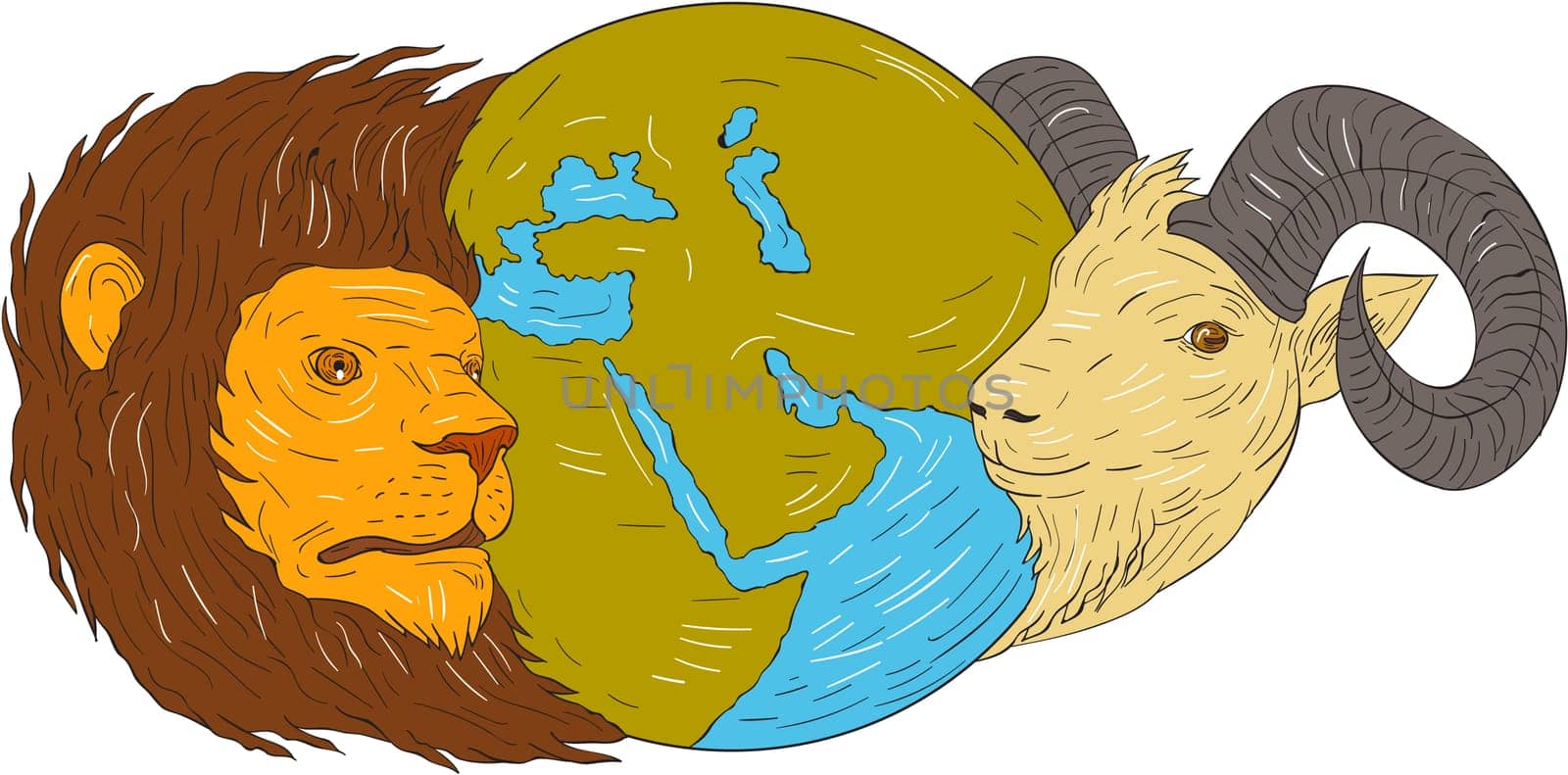Drawing sketch style illustration of a map globe showing europe, middle east and africa  in between the heads of a lion and goat set on isolated white background.