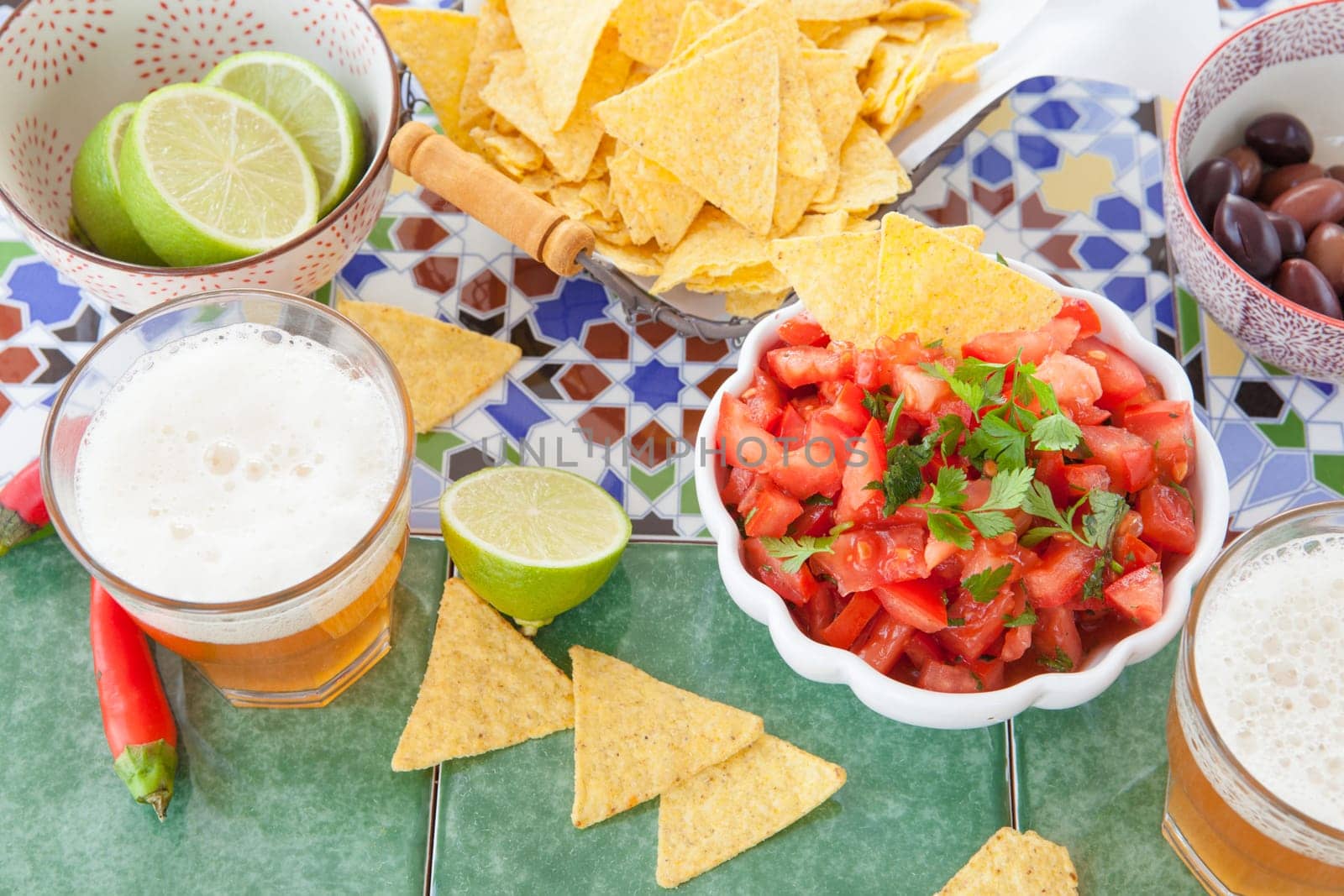 Beer and Tortilla Chips with Tomato Salsa
